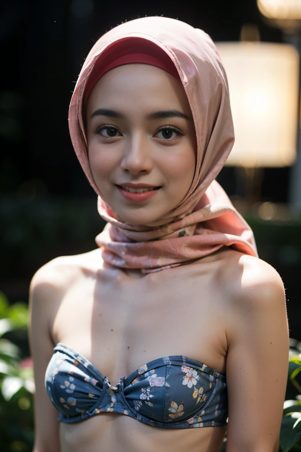 (Happy smile), (((HIJAB MALAY GIRL))), masutepiece, High quality, UHD 32K, Realistic face, Realistic skin feeling , A Japanese Lady, 8 years old, , Very cute and baby-like face, (((FLAT CHEST))), (Night time at forest), ((look In front  at the camera and SADNESS)), ((())), (((CUTE GIRL))), ((RED LIPS)), ((Floral Pattern)) little wearing strapless bra, strapless colorful bra, dark night horror scary place (from behind up) seductive pose