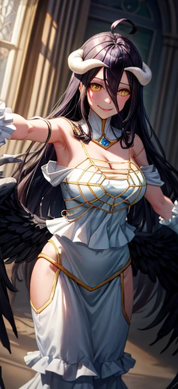 masterpiece, highest quality, High resolution, al1, Devil horns, Slit pupil, White gloves, White Dress, Bare shoulders, removable collar, Cleavage, Black wings, Wings with feathers, Low Wing, Cowboy Shot, Are standing, loss, Wicked Smile, Reach out, Outstretched arms, Outstretched arms,