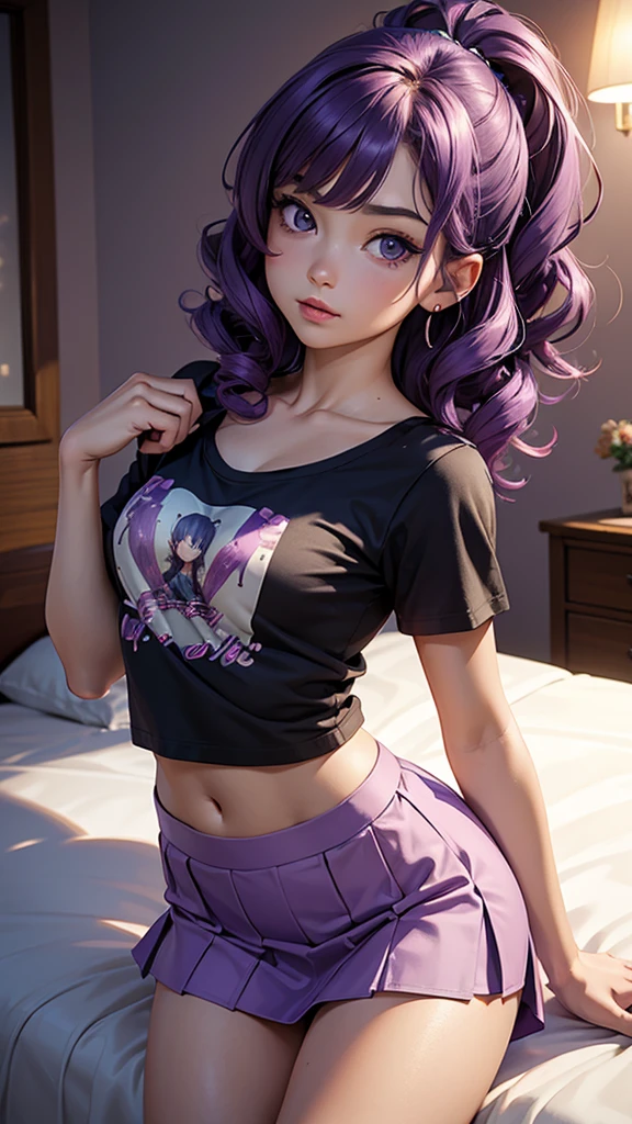 (masterpiece), (best quality), (detailed), light layer, 1solo girl, young girl, perfect body, purple hair in curls, defined large chest, small waist,defined collarbone, ultra realistic, photorealistic, detailed, ,Enhance, wearing a anime shirt and mini skirt, bedroom background, back turned, hands on bed, leaning forward toward bed