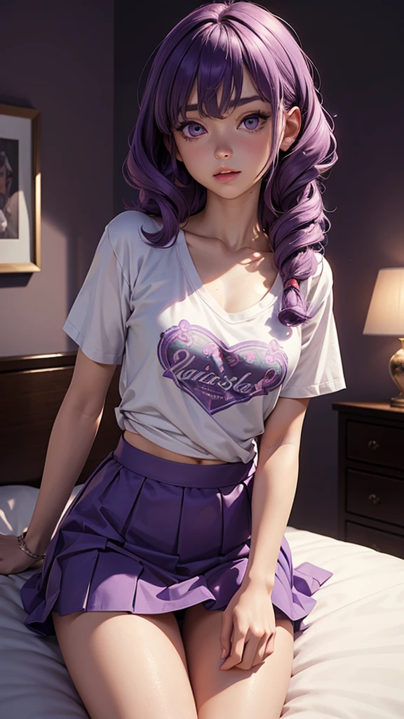 (masterpiece), (best quality), (detailed), light layer, 1solo girl, young girl, perfect body, purple hair in curls, defined large chest, small waist,defined collarbone, ultra realistic, photorealistic, detailed, ,Enhance, wearing a anime shirt and mini skirt, bedroom background, back turned, hands on bed, leaning forward toward bed