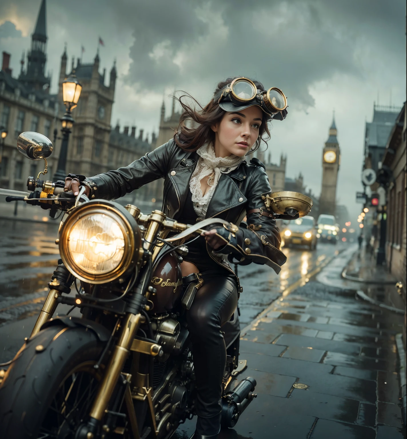 Here's an improved prompt for you:
Setting:
Time period: Late afternoon, 1840s (gaslight era)
Location: Streets of London, foggy and rain-slicked. Cobblestones gleam wetly under gaslight. Billowing steam fills the air.
Background landmark: The iconic clock tower of Big Ben, partially obscured by swirling mist.
Character:
A very beautifuland desiderable woman with a confident and determined expression. Her attire is a stylish blend of Victorian practicality and fantastical steampunk flair. Goggles rest on her forehead, and she wears a long coat with brass accents and leather detailing.
Action:
The woman rides a magnificent steampunk motorcycle. It's a marvel of brass, gears, and pistons, belching steam as it navigates the wet streets.
Mood:
The overall atmosphere is one of adventure and intrigue. There's a sense of mystery in the foggy air, and the woman's determined expression hints at a purpose that drives her through the rain.