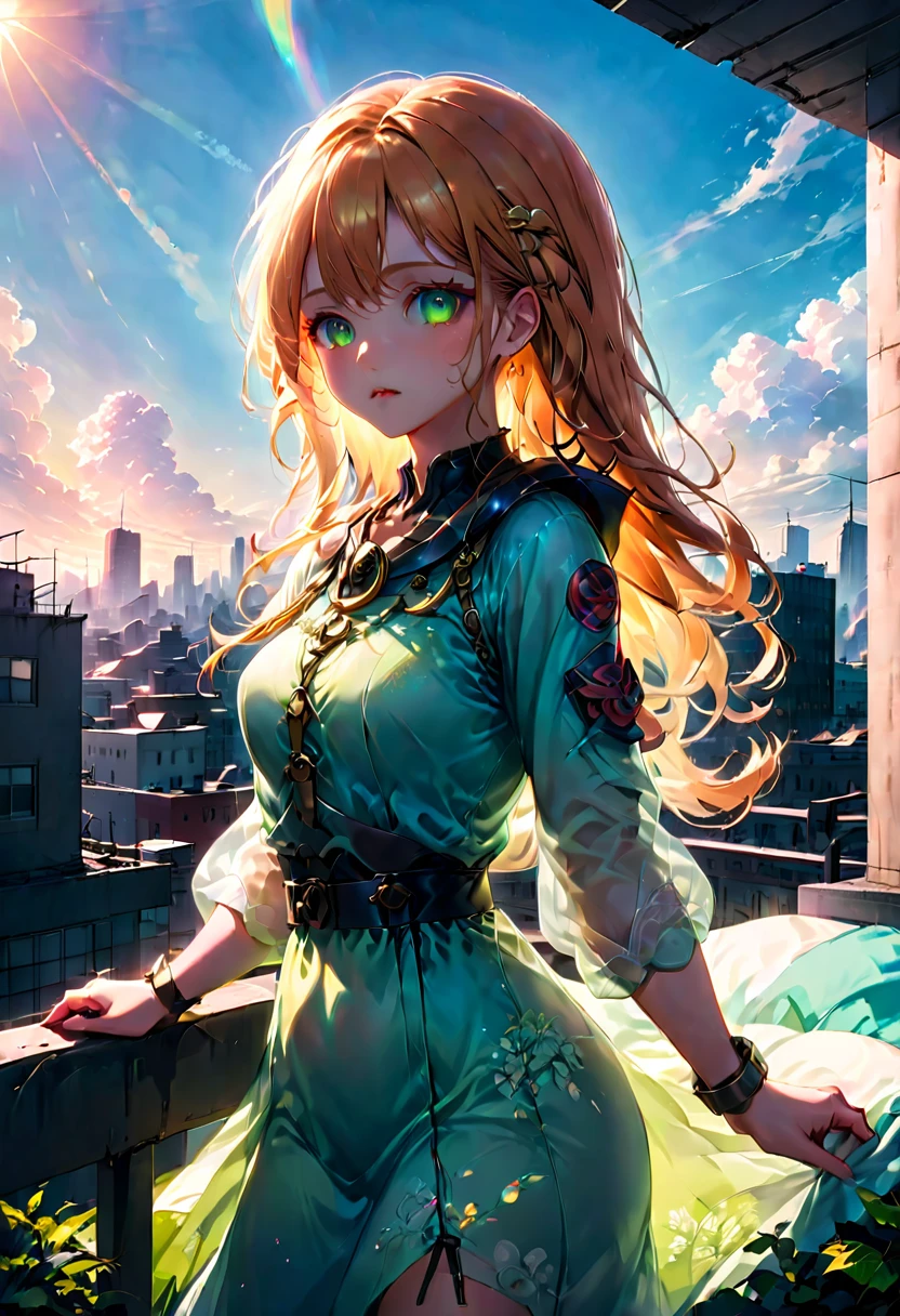 1girl,Person Standing on the Rooftop,aesthetic,okujyou,scenery,sky,fence,cloud,blue sky,outdoors,rooftop,building,day,cityscape,shadow,chain-link fence,city,(best quality,4k,8k,highres,masterpiece:1.2),ultra-detailed,(realistic,photorealistic,photo-realistic:1.37),HDR,UHD,studio lighting,ultra-fine painting,sharp focus,physically-based rendering,extreme detail description,professional,vivid colors,bokeh,portraits,landscape,colorful,overlooking,serene,peaceful,tranquil,sunlit,contemplative,striking silhouette,picturesque scenery,immersive,dreamy ambiance,sophisticated styling,elegant,touch of nostalgia,lush greenery,relaxing atmosphere
