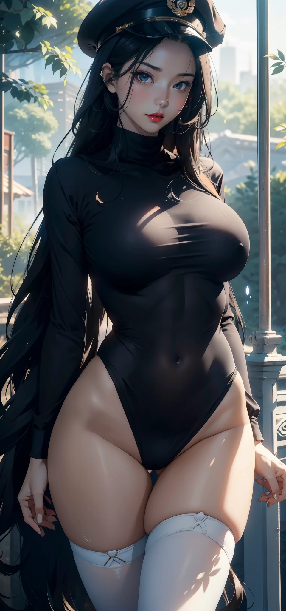 1 female,35 years old,Slim,Very large ,Large target breasts and thin waist,Long legs,White skin,Red lips, 1 female,35 years old,Large target breasts and thin waist,Slim,Large target ,(background:forest,,summer) She has long black hair,curls,Long hair flying,permanent,Sweat,soak,From the front, Straight Hair, partly cloudy,(((masterpiece),(Highly detailed CG Unity 8k wallpaper),best quality,Movie Lighting,細緻的background,Beautiful and delicate eyes,black eyes,(Very delicate and beautiful),(Beautiful and detailed description of the eyes),Ultra Detailed,masterpiece,)),Facing the camera,high resolution,Ultra Detailed),Exposing breasts,Exposing genitals, Convex,Legs open,Convex起性感,Camel toe,Soldier(wear:Blue turtleneck shirt,,Military cap,Transparent tights)Sci-fi style