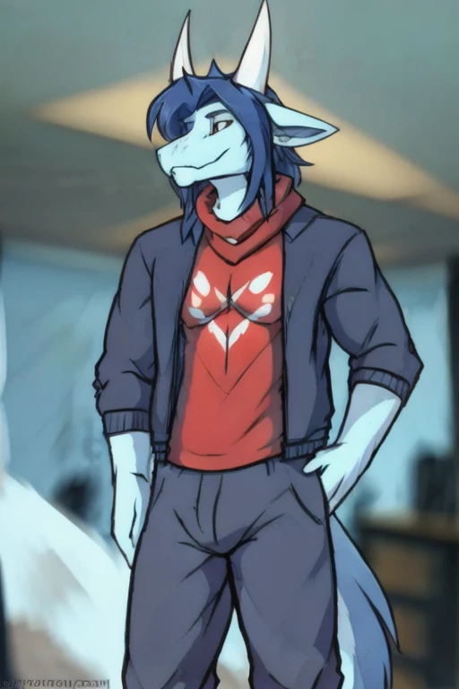 (((ace light blue fur with dark blue hair and 2 white horns, and is wearing a black pika jacket with a red scarf and a light blue t-shirt underneath the jacket with some long pants and a design on his T-shirt)) , day, sexy, sensual, detailed, uploaded to e621, beautiful and detailed portrait of an anthropomorphic with He has all
, ((male ))) kenket, Ross Tran, ruan jia, uploaded to e621, zaush, foxovh, movie lighting, skinny, alone, laying down in bed, in a bedroom, bedroom, laying down completely but back against the bed, camera angle above him, not very much muscle