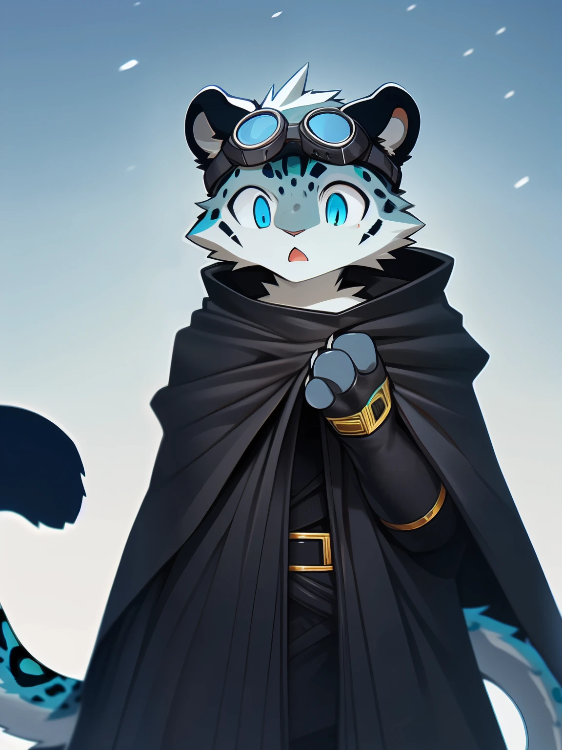 nj5furry，male，strong，juvenile，Sky blue snow leopard，Blue Eyes（Fine eyes），Black cape，Blue goggles，Black top，Gold diamond pattern，black wristbands，Black trousers，Standing，Hands hidden in the cloak，Calm expression，detailed，high resolution