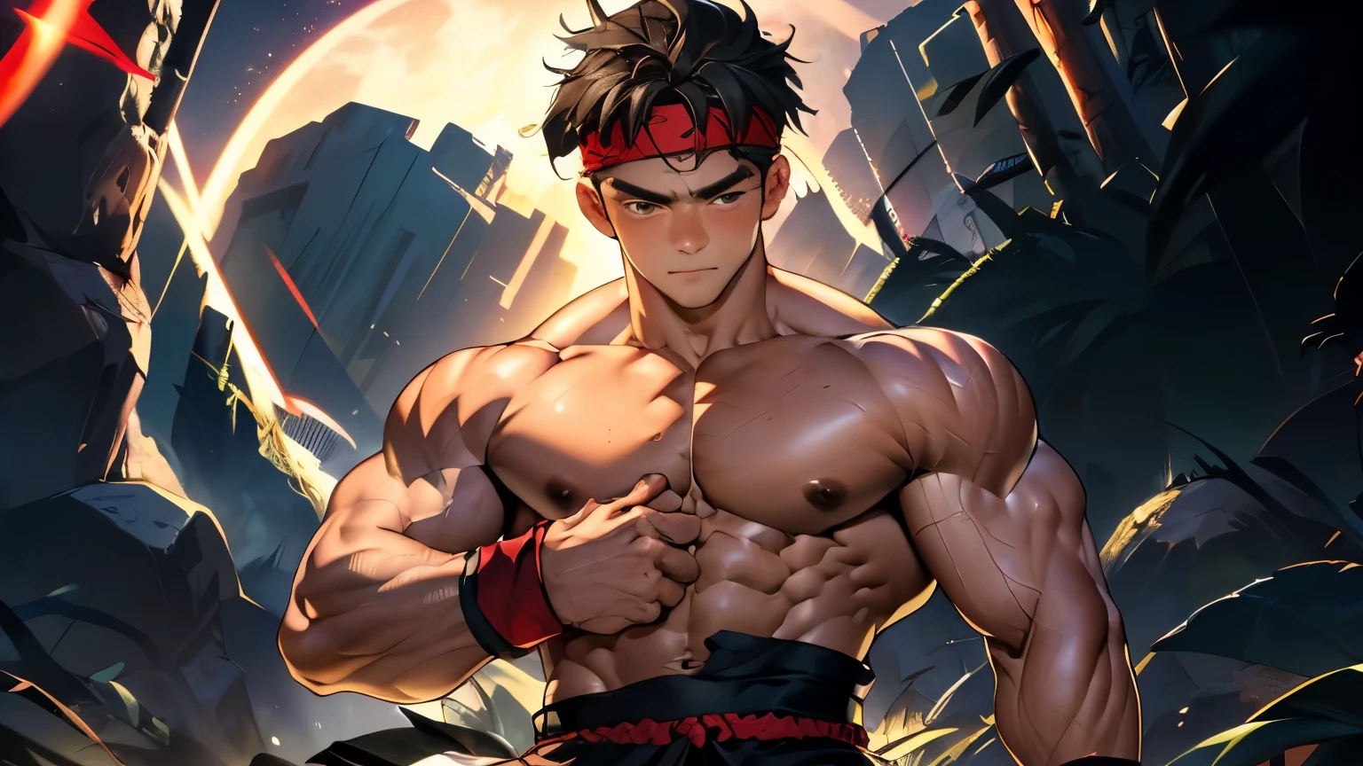 (Masterpiece, Best quality 19 year old boy, black background, bust shot, (shoot from front), looking down), solo, Young, boy, muscler, Shirtless, topless, (Dark Short straight hair, under cut, brown eyes), (torn clothes, red headband, ((black wristband))), Vivid colors, (hot Abs:1.2, abs!, big abs, big breast:1.2, chest!, muscler upper arms), (topless male), muscler!, muscler, muscler body, (aura power:1.4), detailed face, detailed muscle, (((A magical mystical aura, rippling muscles, fighting pose)))