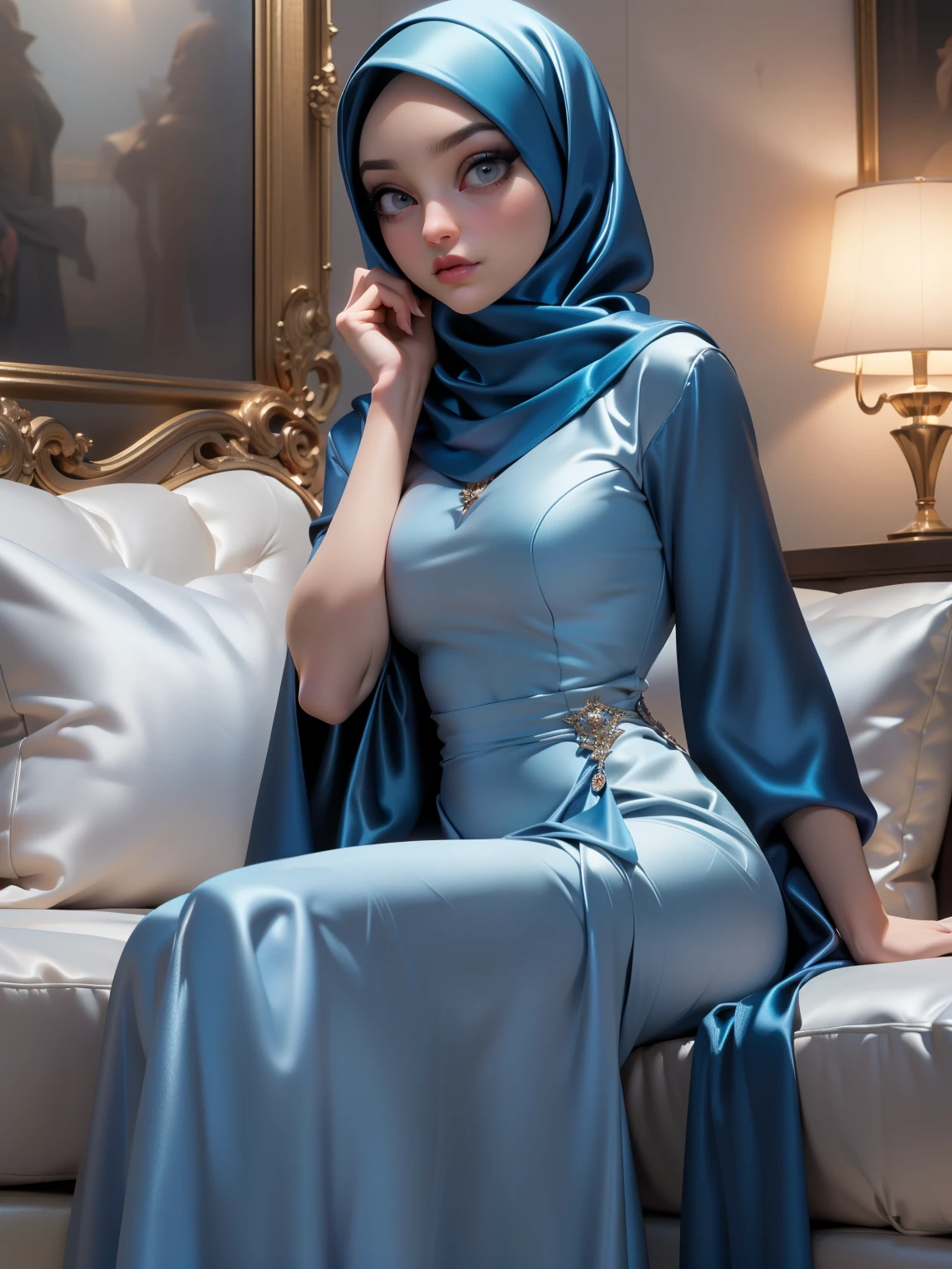 3DMM, ((Masterpiece, best quality, photography, detailed skin, realistic, photo-realistic, 8k, highly detailed, full length frame, High detail RAW color art, diffused soft lighting, shallow depth of field, sharp focus, hyperrealism, cinematic lighting, hijab, a woman in a beautifully makeup, smokey eyeshadow, beautiful big eyes, long eye lashes, wearing (Dark blue satin hijab), loosely tide hijab style, ((gray satin long dress)), relaxing on sofa, bedroom,