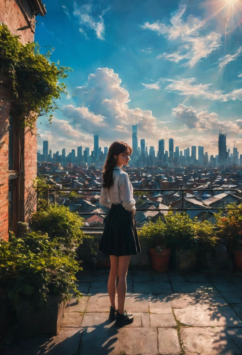 1girl,Person Standing on the Rooftop,aesthetic,okujyou,scenery,sky,fence,cloud,blue sky,outdoors,rooftop,building,day,cityscape,shadow,chain-link fence,city,(best quality,4k,8k,highres,masterpiece:1.2),ultra-detailed,(realistic,photorealistic,photo-realistic:1.37),HDR,UHD,studio lighting,ultra-fine painting,sharp focus,physically-based rendering,extreme detail description,professional,vivid colors,bokeh,portraits,landscape,colorful,overlooking,serene,peaceful,tranquil,sunlit,contemplative,striking silhouette,picturesque scenery,immersive,dreamy ambiance,sophisticated styling,elegant,touch of nostalgia,lush greenery,relaxing atmosphere