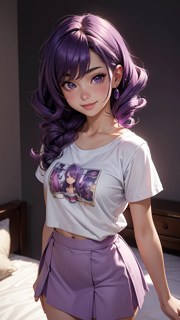 (masterpiece), (best quality), (detailed), light layer, 1solo girl, young girl, perfect body, purple hair in curls, defined large chest, small waist,defined collarbone, ultra realistic, photorealistic, detailed, ,Enhance, wearing a anime shirt and mini skirt, bedroom background, back turned, smiling