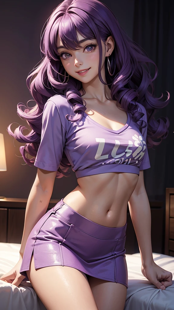 (masterpiece), (best quality), (detailed), light layer, 1solo girl, young girl, perfect body, purple hair in curls, defined large chest, small waist,defined collarbone, ultra realistic, photorealistic, detailed, ,Enhance, wearing a anime shirt and mini skirt, bedroom background, back turned, smiling