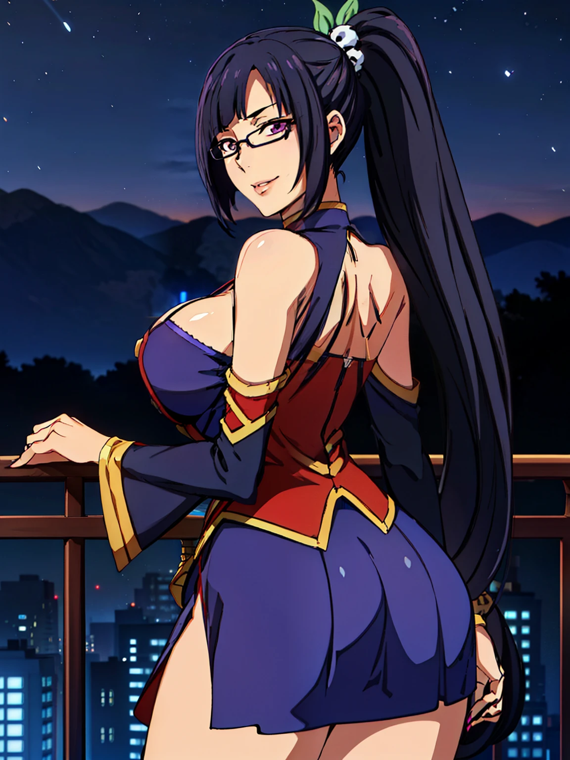 sexy pose, (blue dress), (blue chinese clothes), cleavage cutout, clothing cutout, bare shoulders, (night luxury deck background), Litchi Faye-Ling, mature woman, anime cels style, best quality, high resolution, 1girl, (huge breasts:1.2), beautiful face, Beautiful Finger, Beautiful long legs, Beautiful body, Beautiful Nose,Beautiful character design, semi-rimless eyewear, black hair, very long hair, ponytail,Bangs,purple eyes, (cowboy shot), smiling, looking at viewer, pov from back