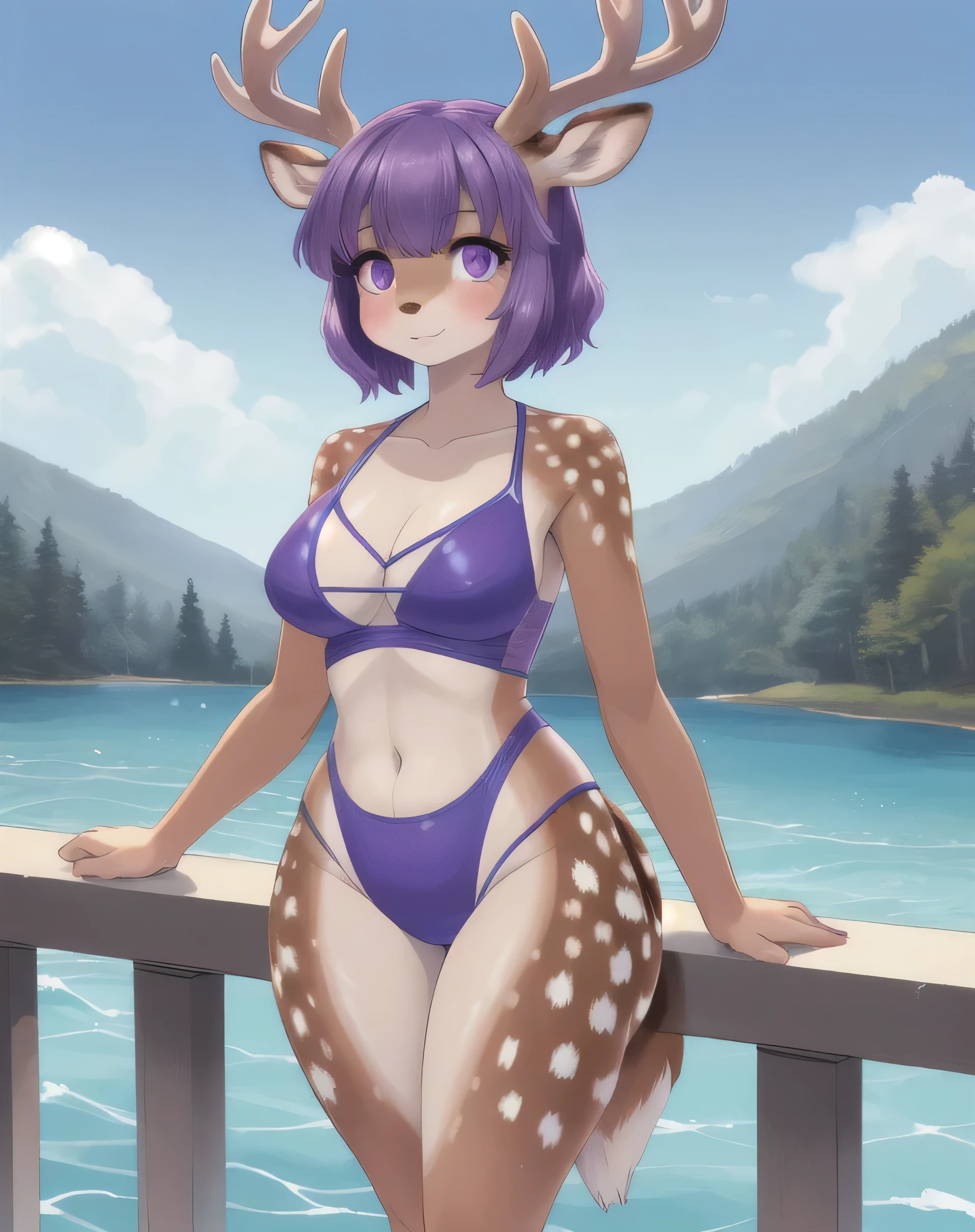 1woman, (Feminine, 30yo), curvy body, solo, masterpiece, high school gyn, scenery, (deer girl:1.2), deer, short purple hair, purple eyes, (wearing blue sexy swim suit), ((high colors))