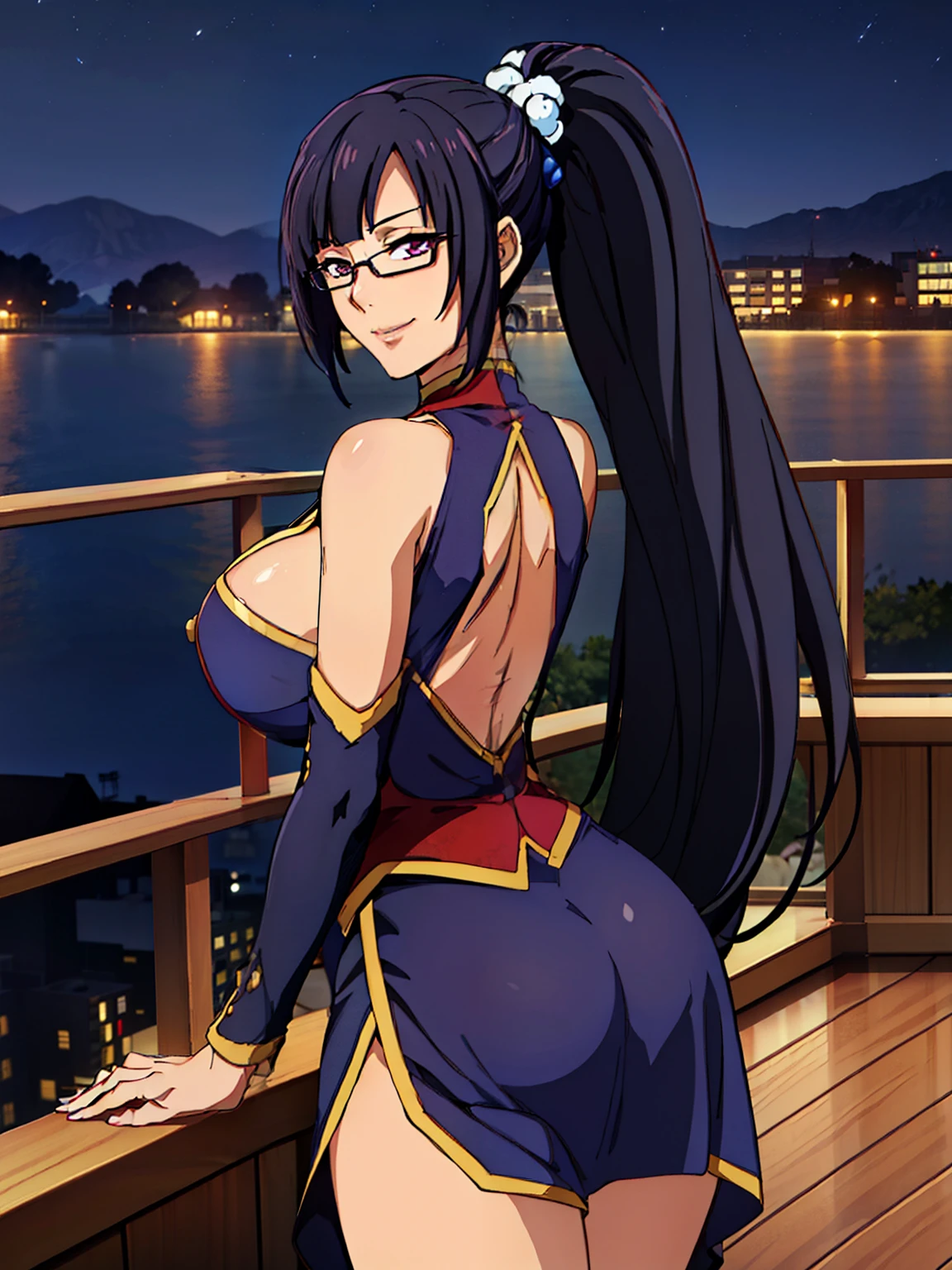 sexy pose, (blue dress), (blue chinese clothes), cleavage cutout, clothing cutout, bare shoulders, (night luxury deck background), Litchi Faye-Ling, mature woman, anime cels style, best quality, high resolution, 1girl, (huge breasts:1.2), beautiful face, Beautiful Finger, Beautiful long legs, Beautiful body, Beautiful Nose,Beautiful character design, semi-rimless eyewear, black hair, very long hair, ponytail,Bangs,purple eyes, (cowboy shot), smiling, looking at viewer, pov from back