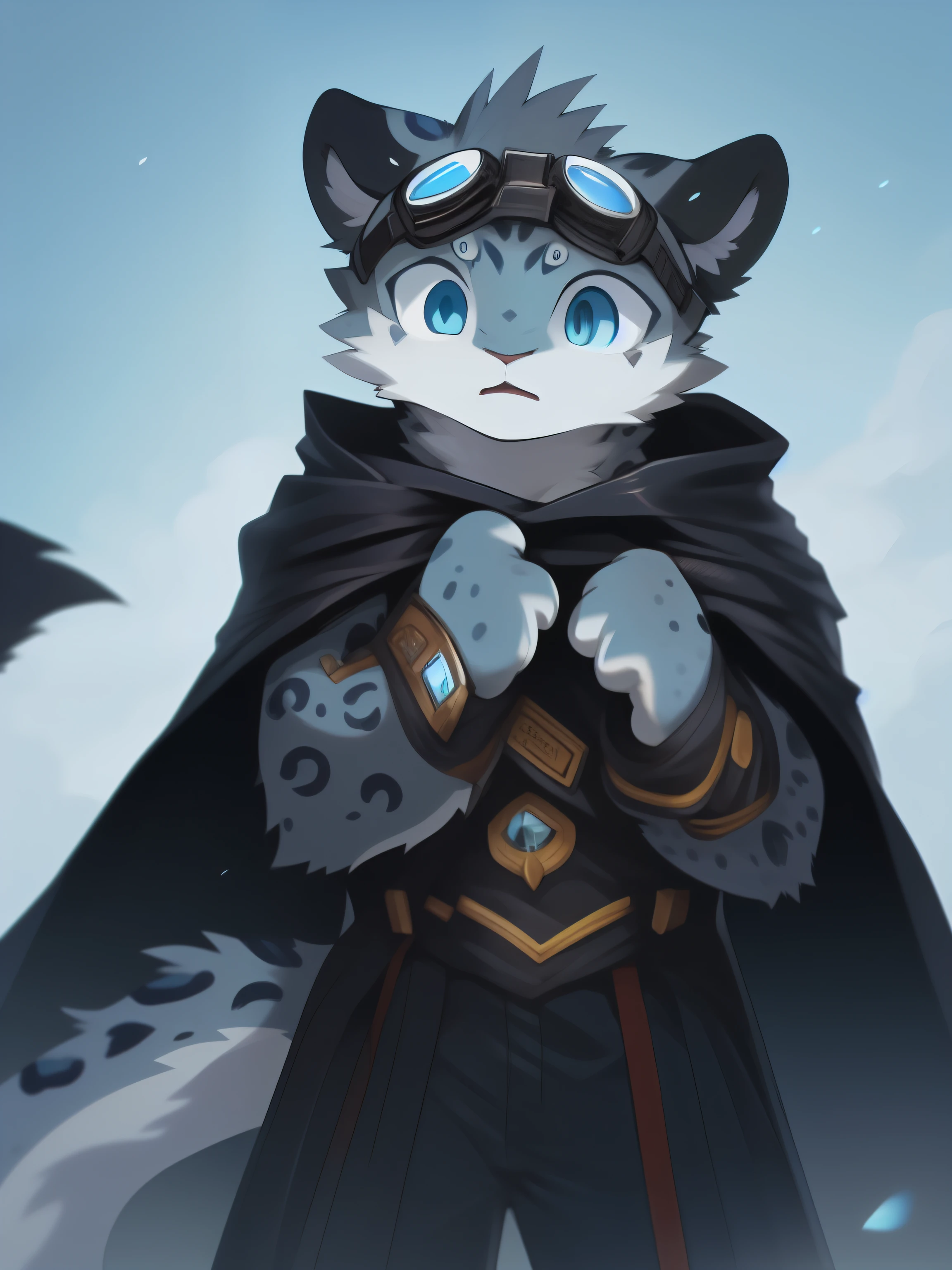 nj5furry,male,strong,juvenile,Sky blue snow leopard,Blue Eyes(Fine eyes),Black cape,Blue goggles,Black top,Gold diamond pattern,black wristbands,Black trousers,Standing,Hands hidden in the cloak,Calm expression,detailed,high resolution