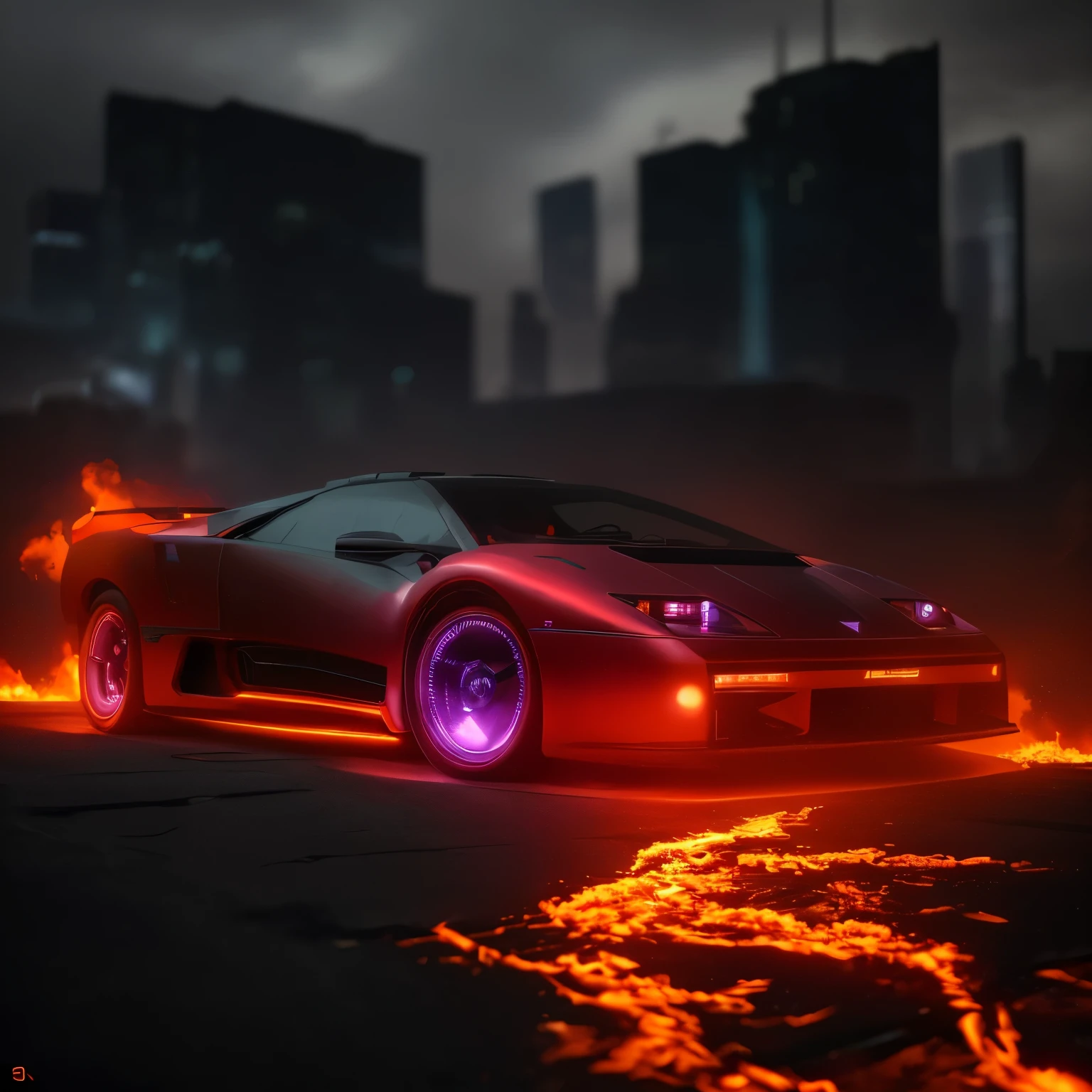 ((cyberpunk futuristic car on fire)) ((Realistic Lighting, Best Quality, 8K, Masterpiece:1.3)) Focus:1.2,Carved Abs:1.1, (Outdoor, Waterfront:1.1), City Street,