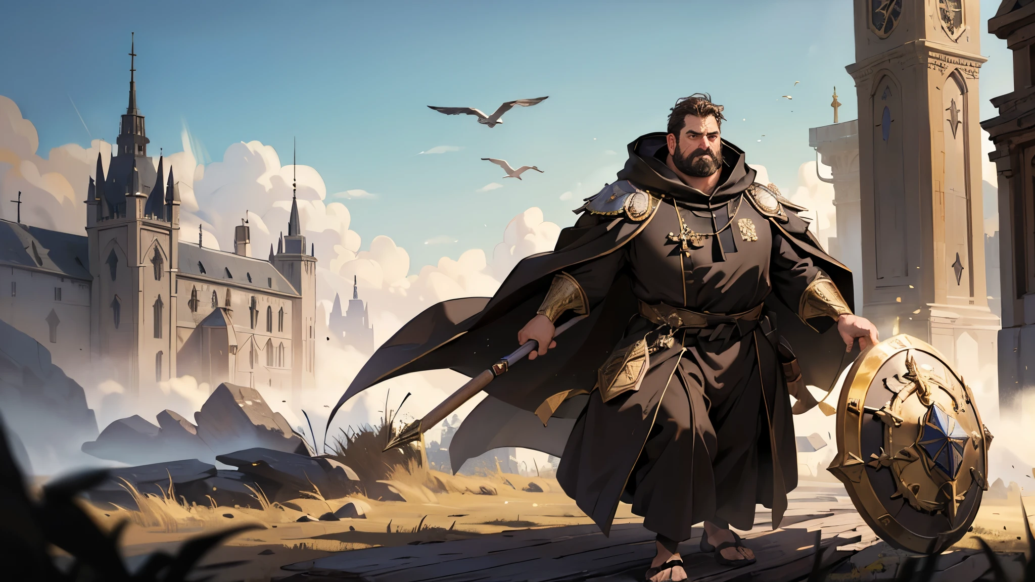 (((((elder))))), masterpiece, super detailed, 8K portrait, RAW photo, elder's portrait photography, whole body, highly detailed face, ((fantasy)), 1 person, (huge fat man), adult, 60 years old, (((((vulgar face))))), (((priest))), sticky short ((black)) hair, (((brown long cloak, gold accessories))) fluttering in the wind, (((dark brown long robe))), Leather Sandals, (((Equip a mace and round wooden shield))), midday sun, surreal, lazy body, In the medieval adventurer's guild, environmental lighting, shadow details , focus the camera on the face, strong wind, light fog