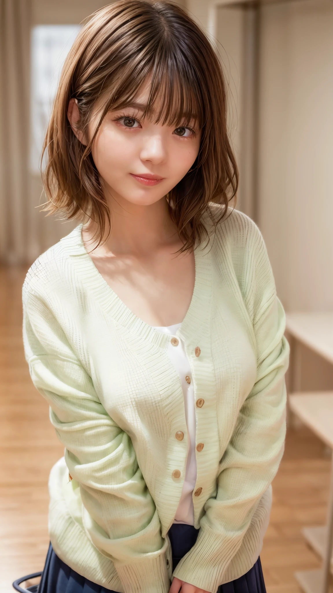 top-quality、Face Focus、softlight、(depth of fields)、超A high resolution、(Photorealsitic:1.4)、Raw photography、(portlate:1.4)、(from the front side) 1 Japan Girls、独奏、cute little、(full of shyness、A smile: 1.1)、(Brown-eyed)、detailed beautiful faces、(Shorthair)、Bedrooms、(formal clothes:1.2)
