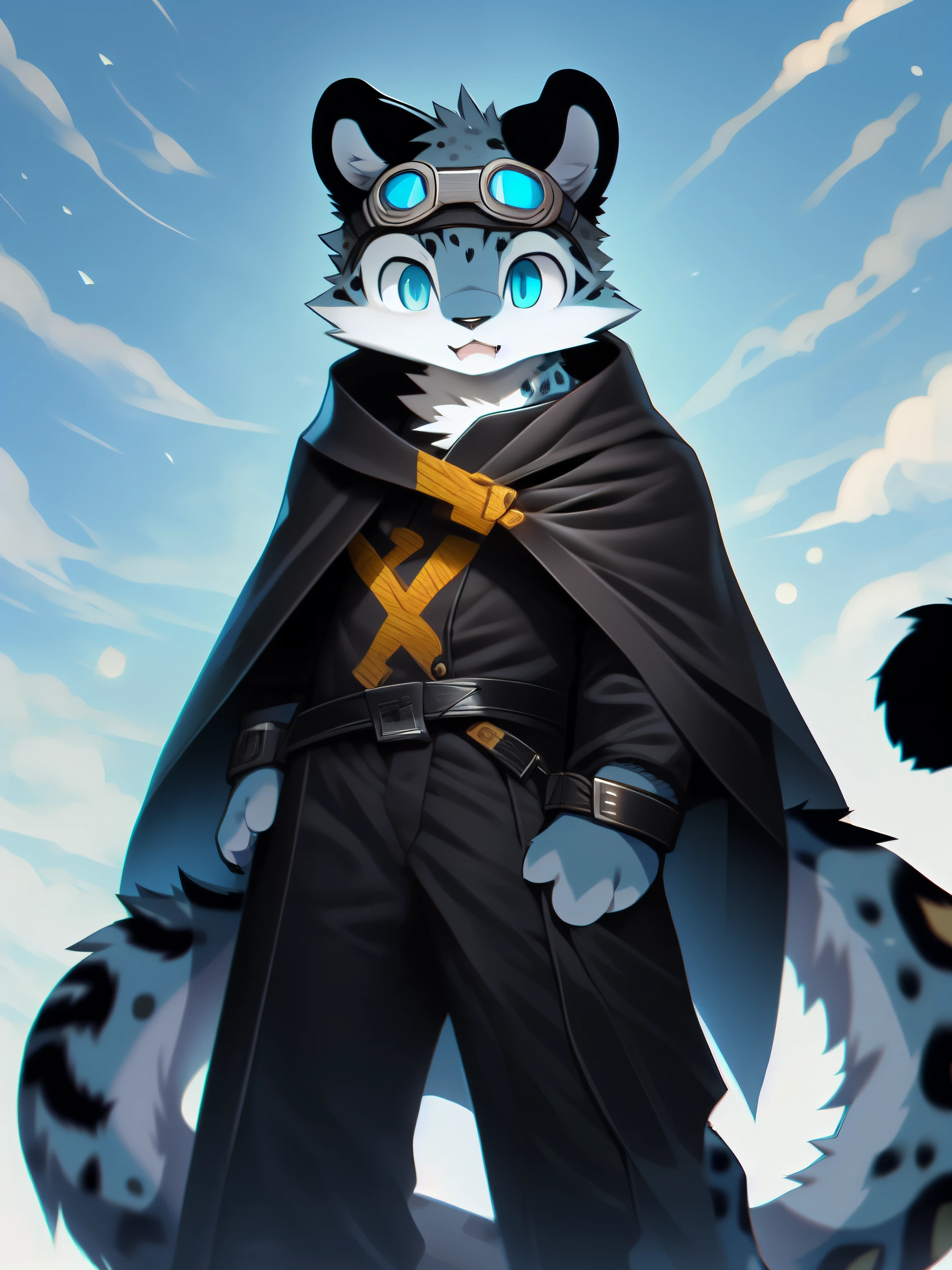 nj5furry,male,strong,juvenile,Sky blue snow leopard,Blue Eyes(Fine eyes),Black cape,Blue goggles,Black top,Gold diamond pattern,black wristbands,Black trousers,Standing,detailed,high resolution