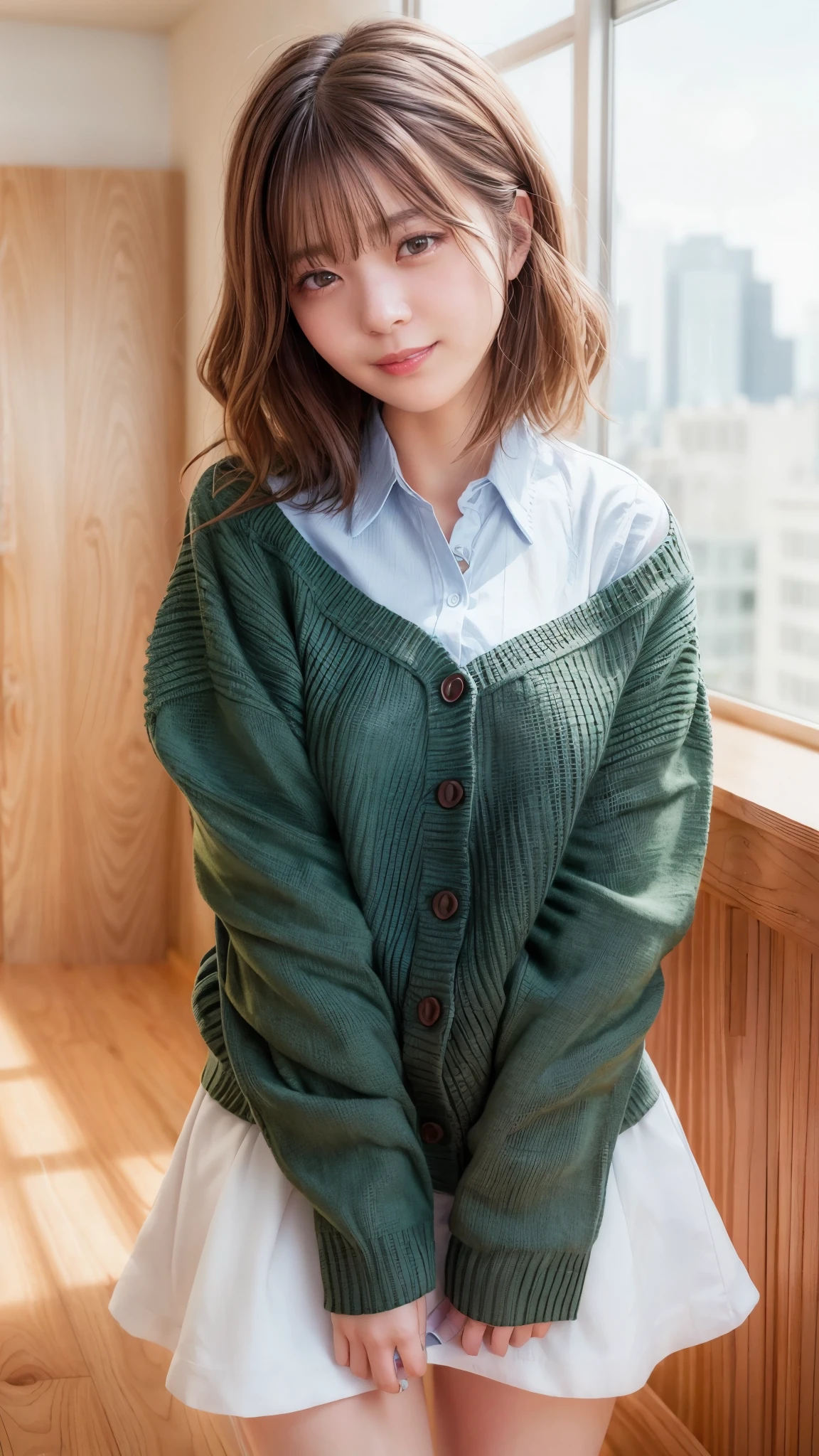 (RAW Photos, highest quality), (Realistic, Realistic: 1.3), masterpiece, Very delicate and beautiful, Very sophisticated, CG, Unity, 2k wallpaper, wonderful, Are you okay, Bright smile, Very sophisticated CG Unity 8K wallpapers, Large file size, 超High resolution, High resolution, Disorganized, Soft Light, ((short hair: 1.3), Short bangs, Silver Hair, Floating Hair Nova Frog Style), Details of a beautiful girl, Are you okay fingers, very Are you okay eyes and face, beautiful nose details, Beautiful eyes in every detail, Long eyelashes, Shine light on your face, Looking at the audience, (Shut your mouth.: 1.2) 1 girl, cute, young, Mature Face, (whole body: 1.3) Realistic Face, slender body, Slim and beautiful thighs, ( Ulzzang-6500-v1. 1:0.8) ,Knit with a large open chest, Make copies in the office, Open cardigan、A man is standing behind、Sucking the phallus