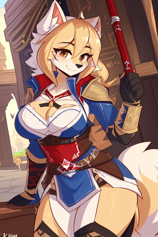 ((8k, 4k, Detailed, High quality, masterpiece, perfect anatomy)), Assassin's Creed, furry, female, mature female, ((by Kilinah, fluff-kevlar)), golden retriever, sexy body, breasts, cute face, brown eyes, fluffy tail, Assassin's Creed armor, Assassin's Creed outfit,