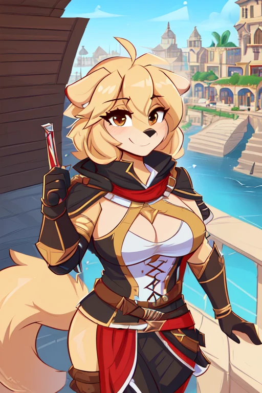 ((8k, 4k, Detailed, High quality, masterpiece, perfect anatomy)), Assassin's Creed, furry, female, mature female, ((by Kilinah, fluff-kevlar)), golden retriever, sexy body, breasts, cute face, brown eyes, fluffy tail, Assassin's Creed armor, Assassin's Creed outfit,