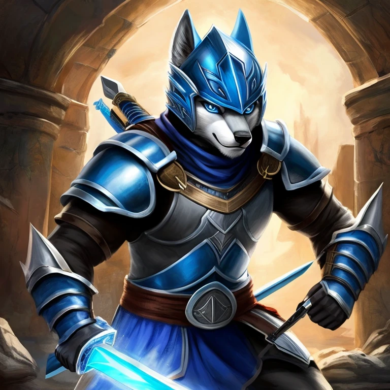 masterpiece, solo, furry gray wolf, , gray fur, white facial fur, blue eyes, blue armor, ancient warrior, fighting enemies, warrior face, illuminated blue sword, warrior, drawing style, blue helmet