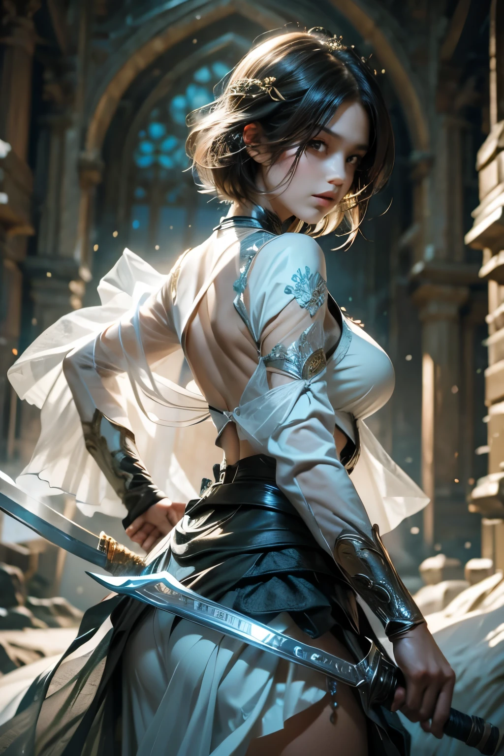 crystallineAI、Holding a sword、Ultra-high resolution、((masterpiece)))、(((highest quality)))、((Super detailed))、((Very delicate and beautiful))、Low angle shooting、1 girl、solo、short hair、(whole body)、A tense shot、Visual Impact、Pleated skirt、Realistic Face、Realistic Skin、Cute face,Pure,Dynamic pose