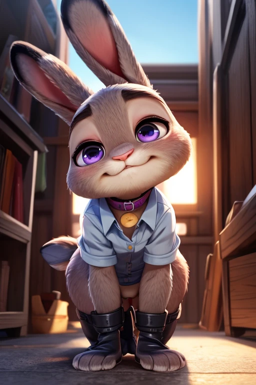 (uploaded on e621,8k, RAW photo,high resolution,high quality), ((diapered)), ((masterpiece)), female, ((slim judy hopps)), (wear adorable button shirt and no pants), crawling, bent over, pink collar, (tail) (cinematic lighting), backlighting, embarrassed, humiliated, (shaded), detailed background, by dagasi, (by personalami), beautiful purple eyes, thick leather mittens, leather cuffs,