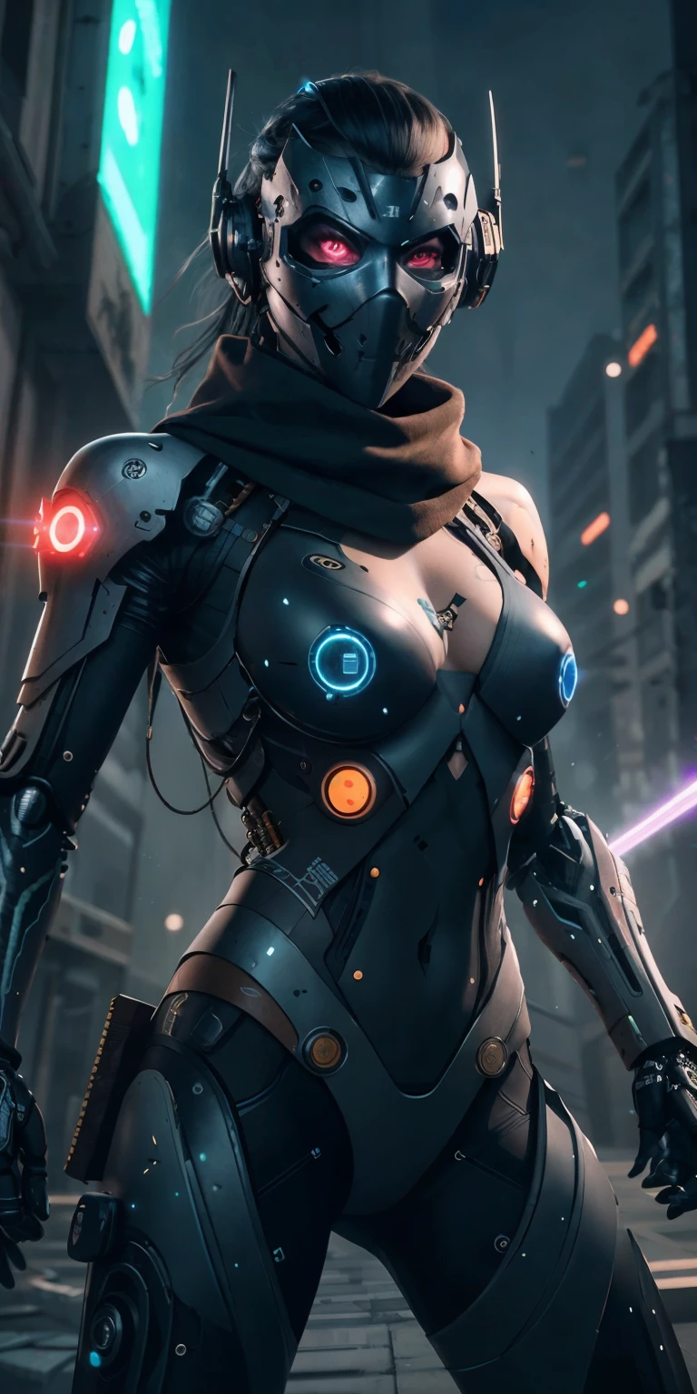 (Raw photo,realistic,photorealistic),dynamic angle,gorgeous,amazing,epic,ultra-detailed,1girl\(mecha\),(techpunkmask:1.2),slim body,kong-fu,black hair,black eyes,Chinese hairstyle,see-through,glowing body,cyberpunk,cyborg ninja,cinematic Lighting,Accent Lighting,dramatic_shadow,ray_tracing,complex clothes and patterns, fighting,(holding laser-katana:1.3),hair-bangs,red long scarf,highly real skin,outdoors, strong dynamic pose, neon lights, beautiful glowing,