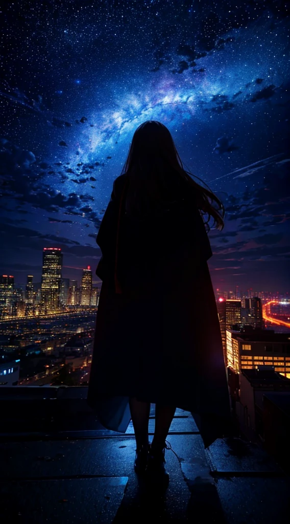 1people々々々々々々,Blonde long-haired woman,Long coat, Dress Silhouette, Rear View,Space Sky, comet, Anime Style, City night view from the rooftop,