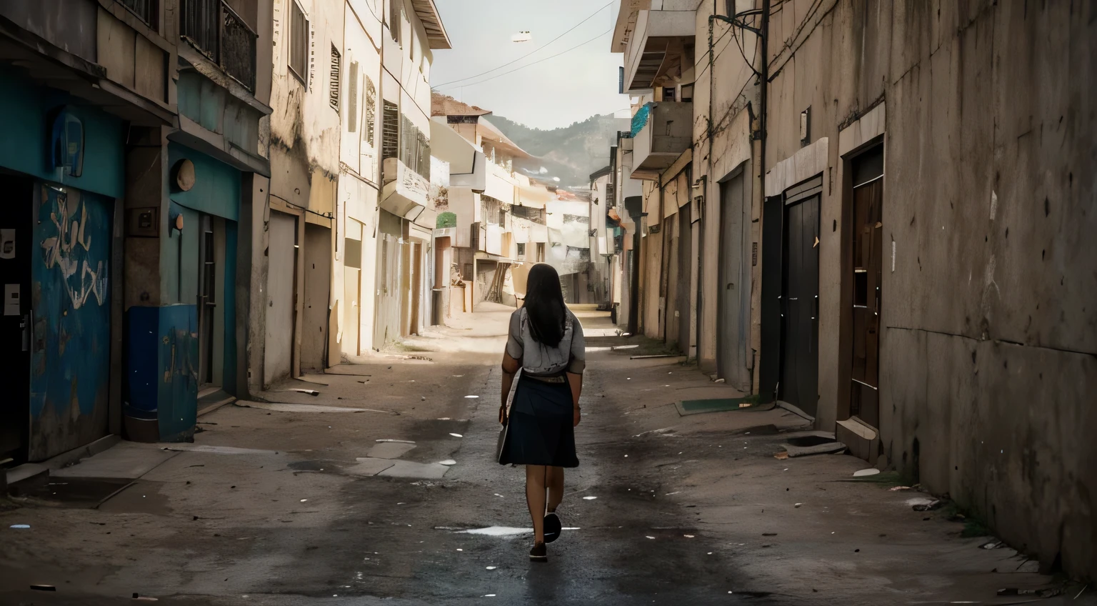 "A girl passing by a deserted street in Estácio, Rio de Janeiro, with a mural (old wall) depicting torn hearts on an outdoor billboard. (best quality, highres), with ultra-detailed and realistic portrayal, showcasing the vibrant colors and bokeh effect. The mural is created with a mix of painting and illustration techniques, giving it an artistic touch. The street is empty, emphasizing the desolation and loneliness. The old wall showcases a weathered texture, adding character to the scene. The lighting is dramatic, casting long shadows on the wall and creating a sense of mystery. The overall color tone is somber, with a hint of melancholy. The girl walking past the mural is wearing casual attire, conveying a sense of solitude and contemplation. The mural acts as a visual representation of heartbreak and emotional vulnerability, setting a poignant tone for the artwork. The composition of the image is carefully framed to capture the essence of the deserted street and the emotional impact of the mural's imagery.