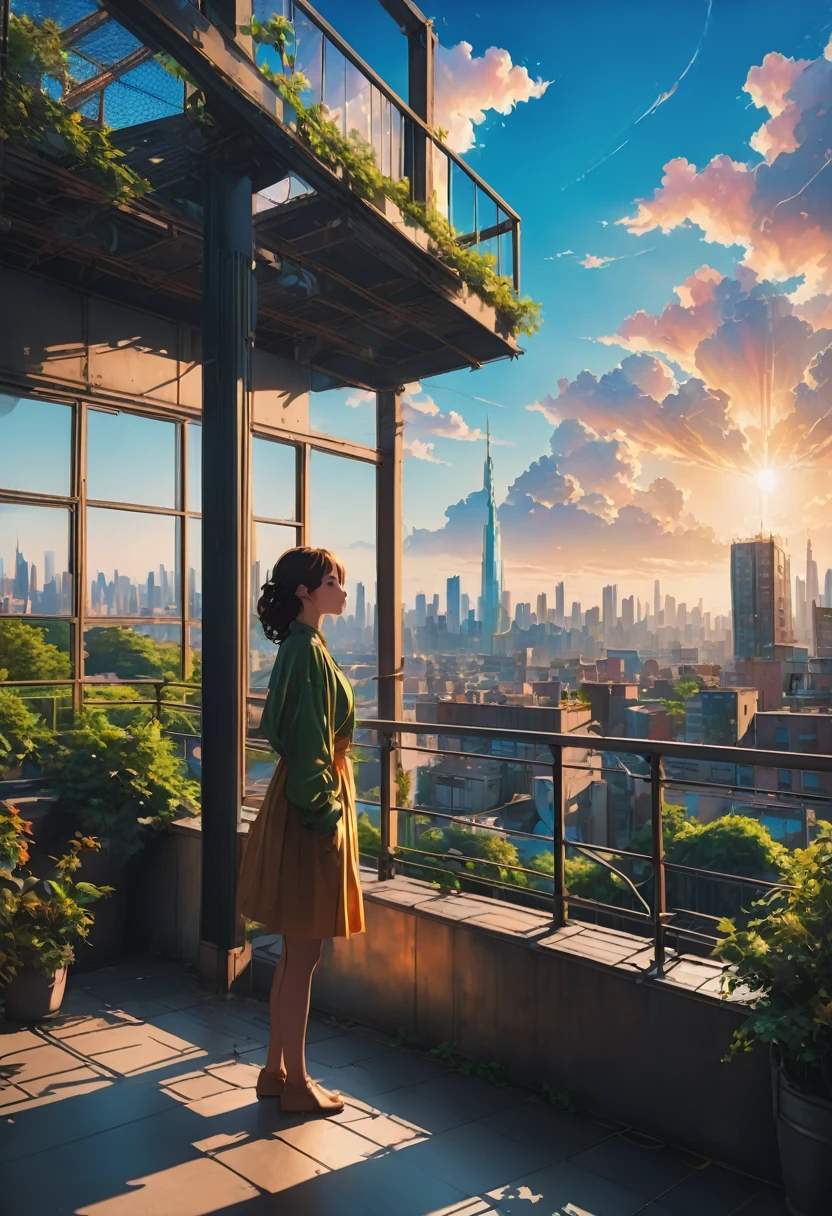 1girl,Person Standing on the Rooftop,aesthetic,okujyou,scenery,sky,fence,cloud,blue sky,outdoors,rooftop,building,day,cityscape,shadow,chain-link fence,city,(best quality,4k,8k,highres,masterpiece:1.2),ultra-detailed,(realistic,photorealistic,photo-realistic:1.37),HDR,UHD,studio lighting,ultra-fine painting,sharp focus,physically-based rendering,extreme detail description,professional,vivid colors,bokeh,portraits,landscape,colorful,overlooking,serene,peaceful,tranquil,sunlit,contemplative,striking silhouette,picturesque scenery,immersive,dreamy ambiance,sophisticated styling,elegant,touch of nostalgia,lush greenery,relaxing atmosphere
