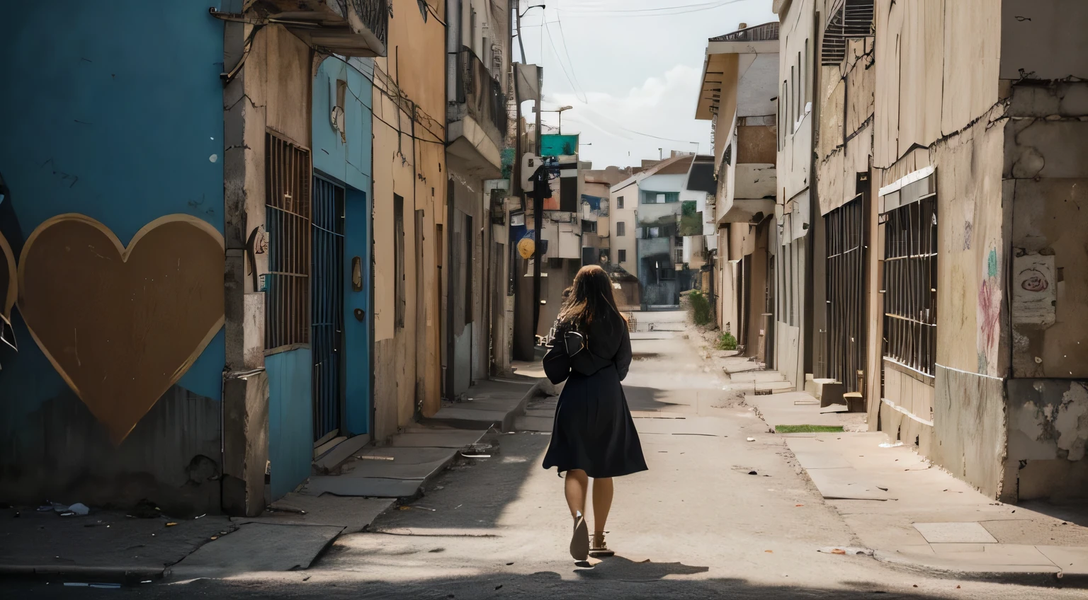 "A girl passing by a deserted street in Estácio, Rio de Janeiro, with a mural (old wall) depicting torn hearts on an outdoor billboard. (best quality, highres), with ultra-detailed and realistic portrayal, showcasing the vibrant colors and bokeh effect. The mural is created with a mix of painting and illustration techniques, giving it an artistic touch. The street is empty, emphasizing the desolation and loneliness. The old wall showcases a weathered texture, adding character to the scene. The lighting is dramatic, casting long shadows on the wall and creating a sense of mystery. The overall color tone is somber, with a hint of melancholy. The girl walking past the mural is wearing casual attire, conveying a sense of solitude and contemplation. The mural acts as a visual representation of heartbreak and emotional vulnerability, setting a poignant tone for the artwork. The composition of the image is carefully framed to capture the essence of the deserted street and the emotional impact of the mural's imagery.