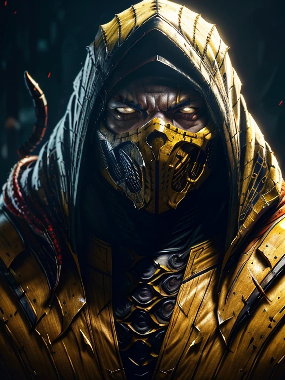 a portrait, scorpion from mortal kombat, detailed white eyes, bladk anc yellow armor, hood, veins on his arm, Intricate, High Detail, Sharp focus, dramatic, photorealistic painting art by greg rutkowski