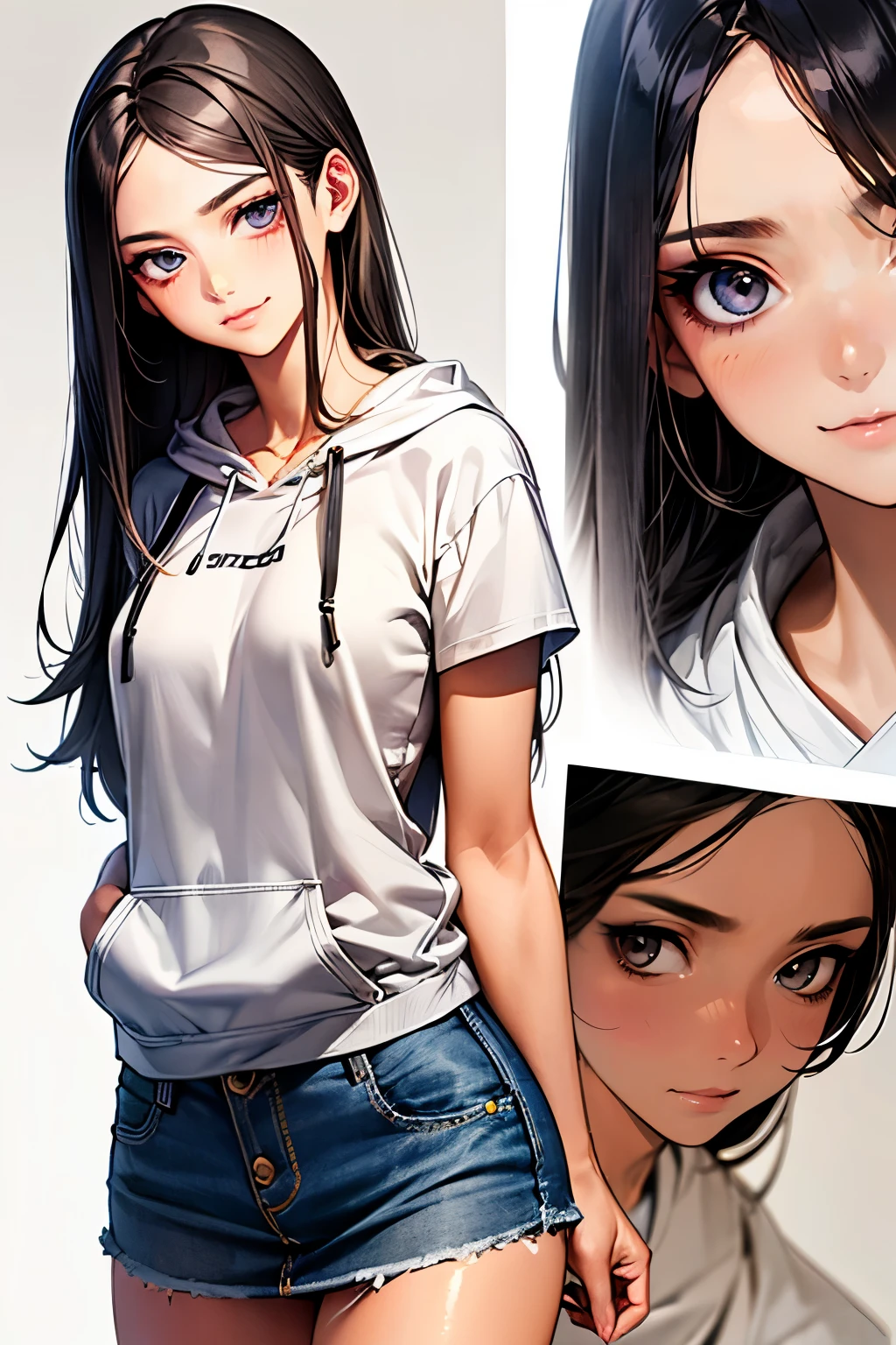 ((perfect anatomy,realistic:1.3,RAW Photography:1.3,masterpiece、highest quality、Ultra - High resolution、High resolution、Highly detailed CG、8K)),cowboy shot,1 female,solo,18-year-old、High school girl swordsman、18-year-oldの美少女,Japanese,((beautiful detailed face and eyes:1.3,big gorgeous eyes:1.3,gray eyes)),black hair,long bob hair,(center parted hair,forehead),shy,smile,(medium breasts,slender body,small head:1.3,skinny),((oily skin)),(gleaming skin,shiny skin),(white hoodie,Denim mini skirt、White socks、white sneakers),Coffee shop、Tokyo、