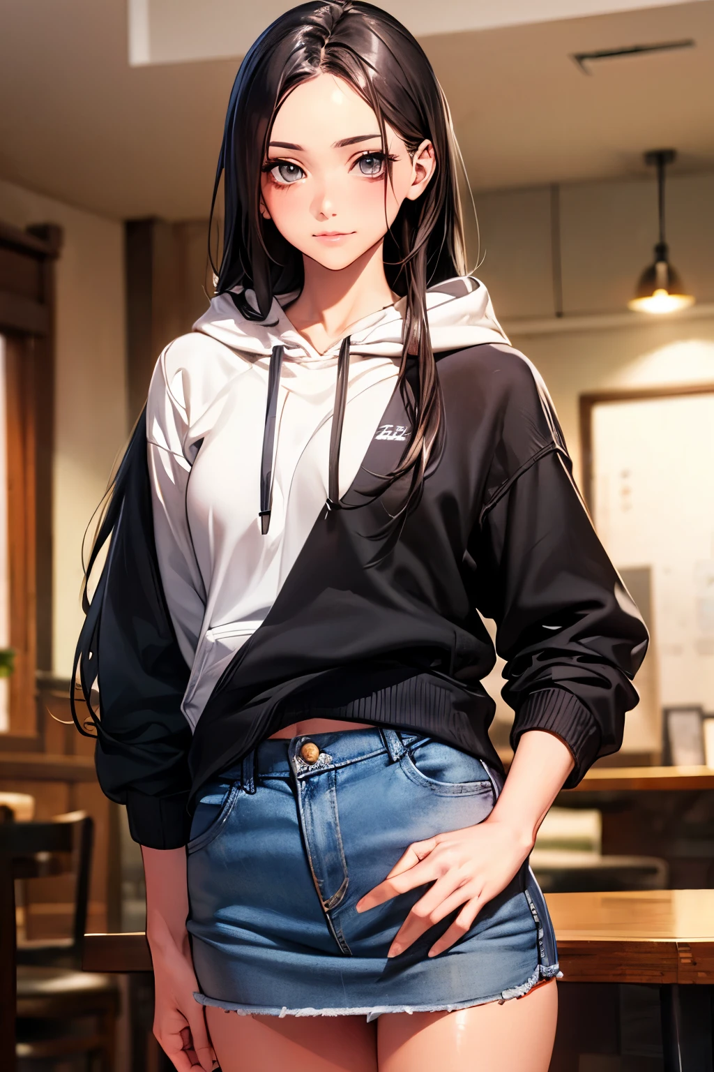 ((perfect anatomy,realistic:1.3,RAW Photography:1.3,masterpiece、highest quality、Ultra - High resolution、High resolution、Highly detailed CG、8K)),cowboy shot,1 female,solo,18-year-old、High school girl swordsman、18-year-oldの美少女,Japanese,((beautiful detailed face and eyes:1.3,big gorgeous eyes:1.3,gray eyes)),black hair,long bob hair,(center parted hair,forehead),shy,smile,(medium breasts,slender body,small head:1.3,skinny),((oily skin)),(gleaming skin,shiny skin),(white hoodie,Denim mini skirt、White socks、white sneakers),Coffee shop、Tokyo、