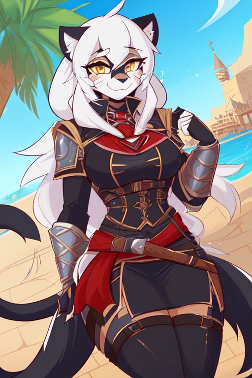 ((8k, 4k, Detailed, High quality, masterpiece, perfect anatomy)), Assassin's Creed, furry, female, mature female, ((by Kilinah, fluff-kevlar)), panther, sexy body, breasts, cute face, long white hair, yellow eyes, panther tail, Assassin's Creed armor, Assassin's Creed outfit,