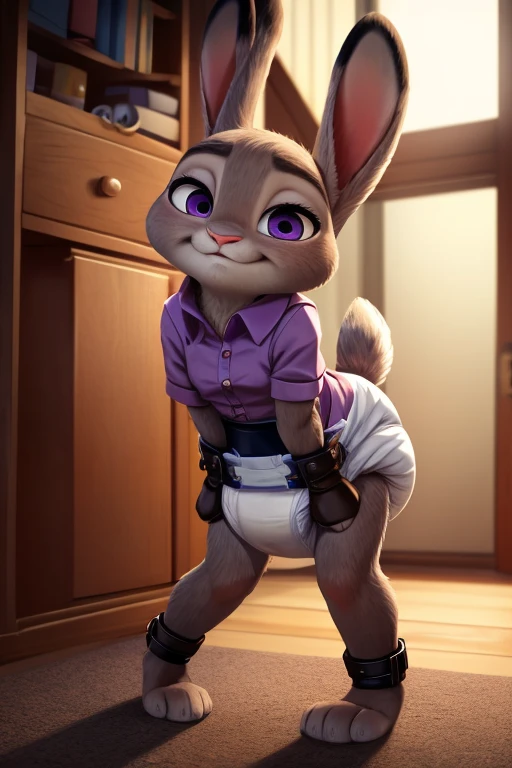 (uploaded on e621,8k, RAW photo,high resolution,high quality), ((waring a big diaper)), ((masterpiece)), female, ((slim judy hopps)), (wear adorable button shirt and no pants), crawling, bent over, pink collar, (tail) (cinematic lighting), backlighting, embarrassed, humiliated, (shaded), detailed background, by dagasi, (by personalami), beautiful purple eyes, thick leather mittens, leather cuffs,