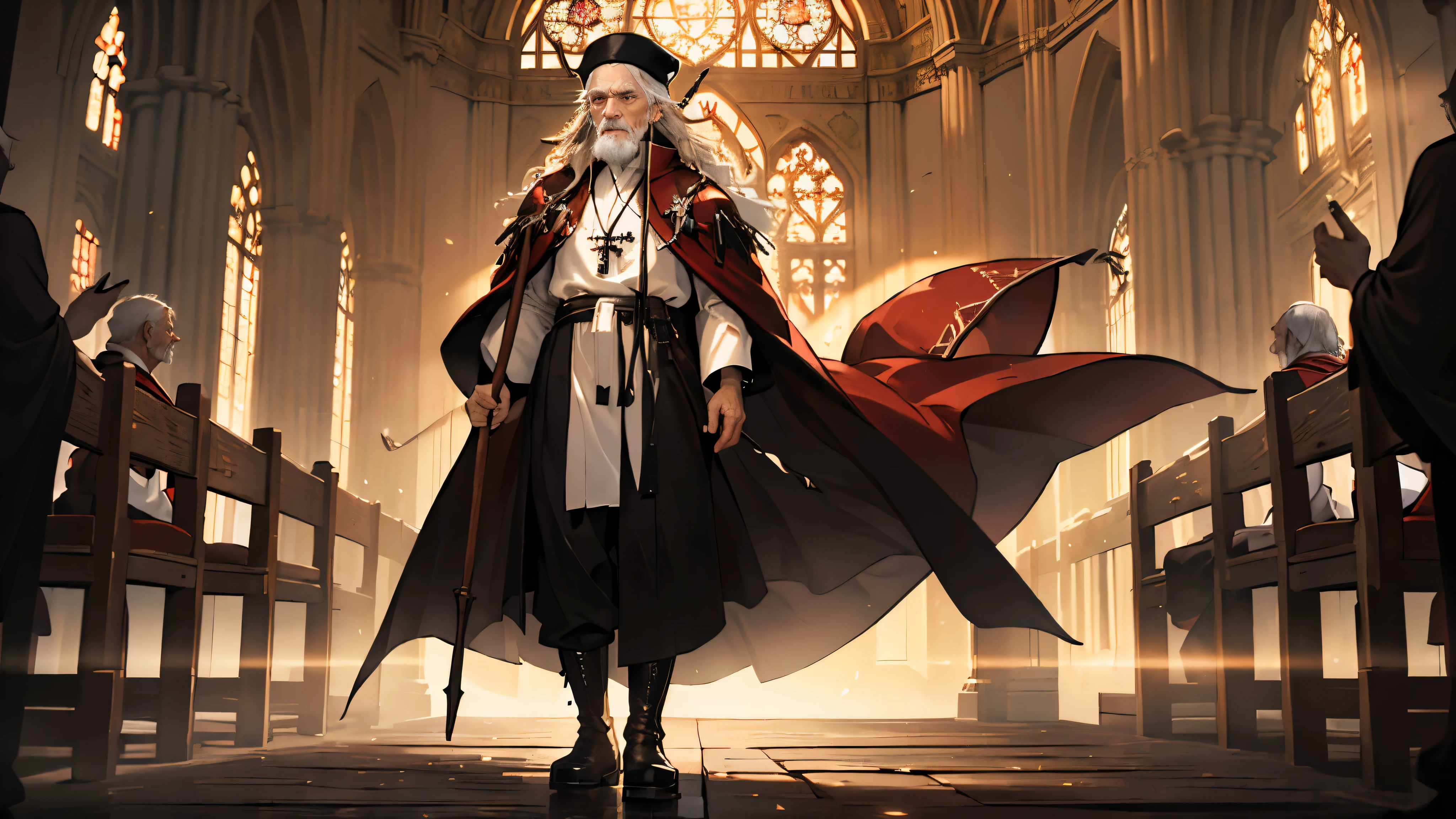 (((((old man))))), masterpiece, ultra detailed, 8K Portrait, Raw photo, man's portrait photography, full body, Highly detailed face, ((Fantasy)), 83 years old, 1 man, white long wavy hair, beard, ((bishop)), wood necklace, clergy hat, (((long cloak))) fluttering in the wind, (((dark dull red long Priest robe))), (leather pants), (((low boots))), ((holding long wood staff)), in the crowd church, Ambient lighting, Shadow details , Camera focus on face, strong breeze, Light fog