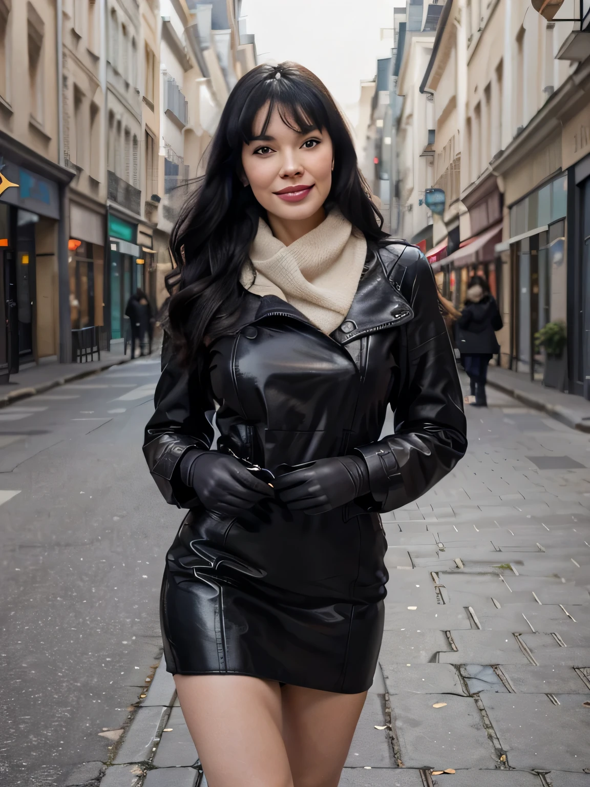 proFessional portrait photograph oF a gorgeous Smiling Bettie page girl in winter clothing with long wavy Black hair, sultry Flirty look, gorgeous symmetrical Face, joli maquillage naturel, wearing elegant warm winter Fashion clothing, black leather gloves, ((debout dehors dans une rue enneigée de la ville)), bag on her shoulders,superbe environnement urbain moderne, ultra realistic, art conceptuel, elegant, Very detailed, complexe, sharp Focus, depth oF Field, F/1. 8, 85mm, Coup moyen, midplane, (((proFessionally color graded))), bright soFt diFFused light, (volumetric Fog), tendance sur Instagram, hdr 4k, 8K