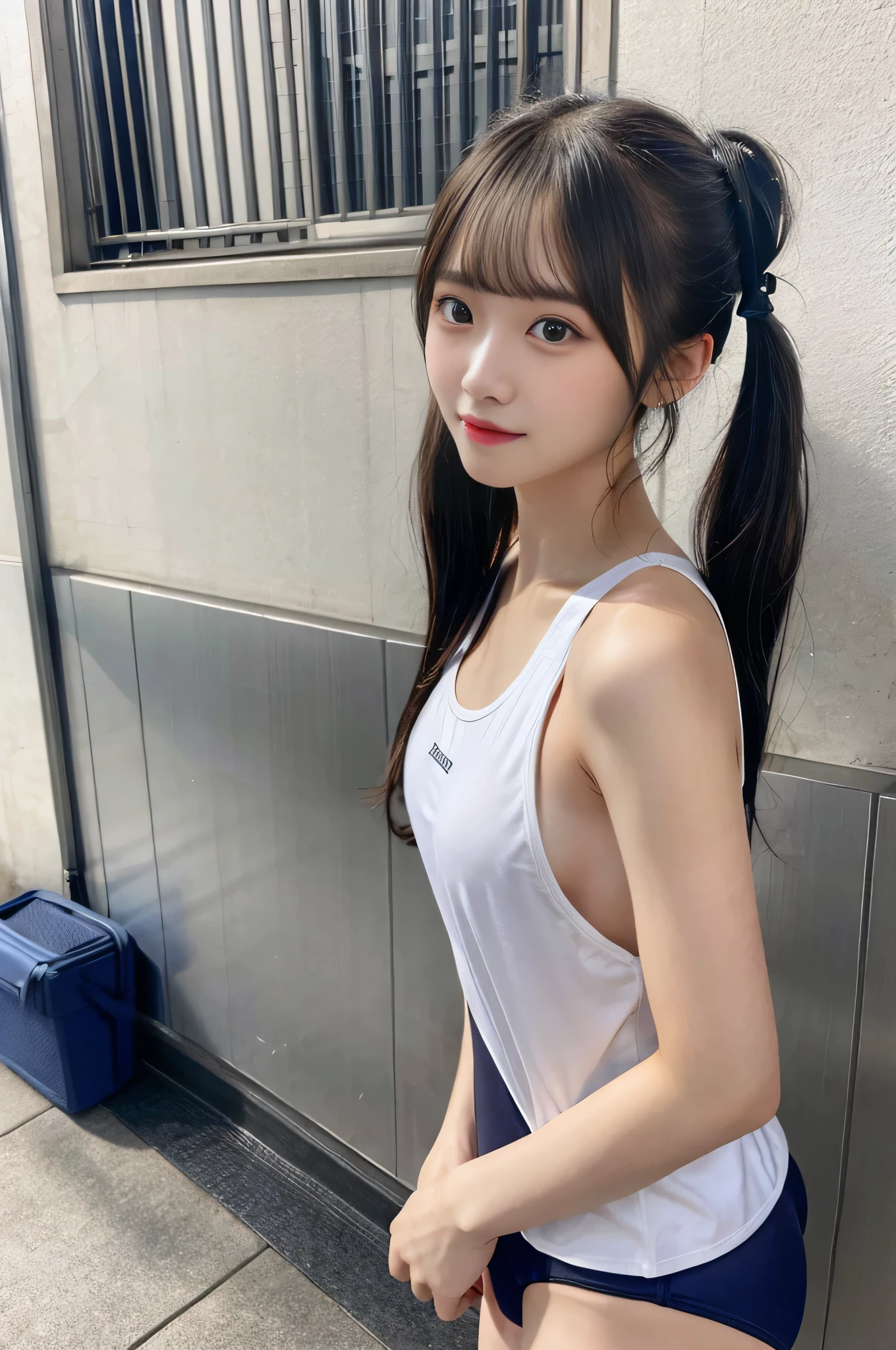 highest quality、Wearing a school swimsuit、smoking in the smoking area、slender、Black Hair、Twin tails、Nipples are visible