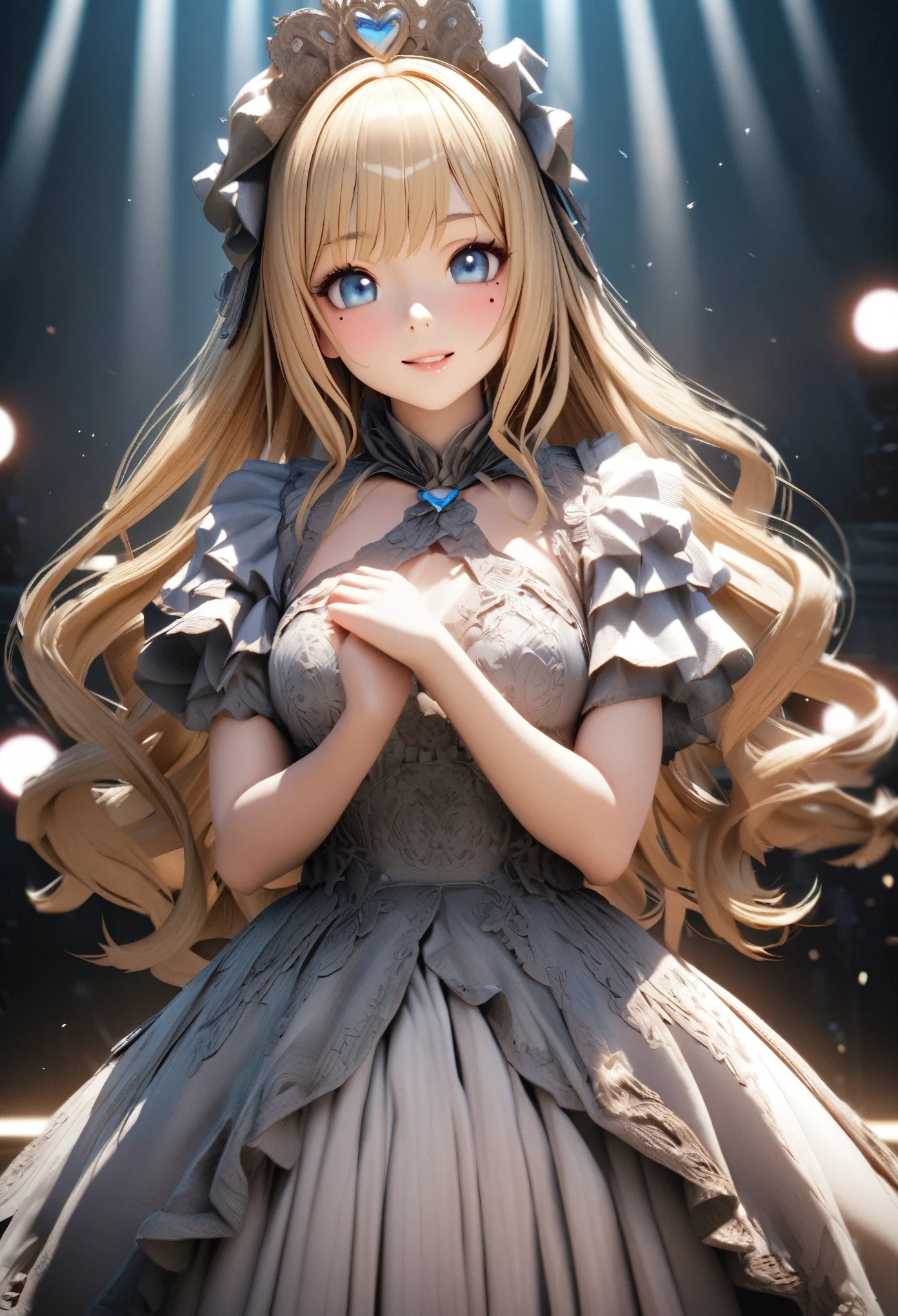 One Girl、Looking at the audience、
Beautiful Blue Eyes、Blonde Long Hair、Mole under the eye、Plump and glossy lips、Heart-shaped choca、Idol、smile、ー、。.。.。.。.。.。.。.。.。.。.。.。.。.。.。.。.。.。.3D、Realistic、
Princess dress with too many frills、Drape clothes、gem、The decoration has been removed、Floral、Lace trim、bright stage、
masterpiece、highest quality、8k、Detailed skin texture、Detailed cloth texture、Beautifully detailed face、Intricate details、Very detailed、
超A high resolution、8K Ultra HD、Film Grain、Best Shadow、delicate、Staring at the audience、front