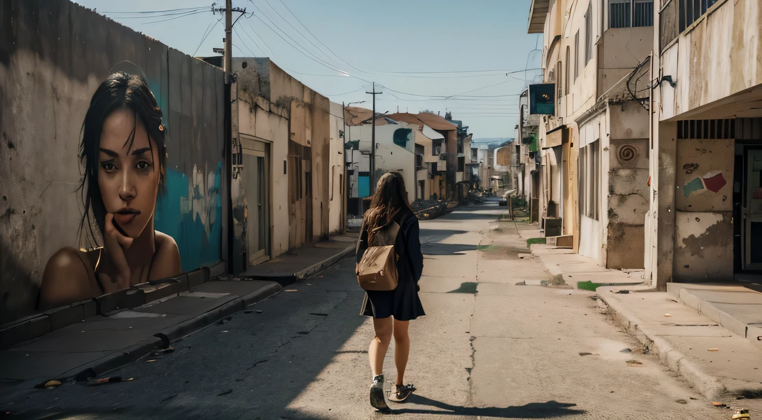 "A girl passing by a deserted street in Cidade Nova, Rio de Janeiro, with a mural (old wall) depicting torn hearts on an outdoor billboard. (best quality, highres), with ultra-detailed and realistic portrayal, showcasing the vibrant colors and bokeh effect. The mural is created with a mix of painting and illustration techniques, giving it an artistic touch. The street is empty, emphasizing the desolation and loneliness. The old wall showcases a weathered texture, adding character to the scene. The lighting is dramatic, casting long shadows on the wall and creating a sense of mystery. The overall color tone is somber, with a hint of melancholy. The girl walking past the mural is wearing casual attire, conveying a sense of solitude and contemplation. The mural acts as a visual representation of heartbreak and emotional vulnerability, setting a poignant tone for the artwork. The composition of the image is carefully framed to capture the essence of the deserted street and the emotional impact of the mural's imagery.