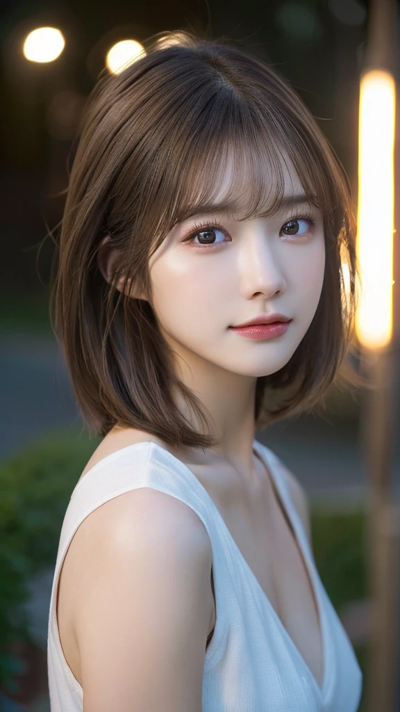 (highest quality,masterpiece:1.3,超A high resolution,),(Very detailed,Caustics),(Photorealistic:1.4,RAW shooting,)Ultra-Realistic Capture,Very detailed,High resolution 16K suitable for human skin、 Natural skin texture、、Skin tone is even and healthy looking、 Use natural light and color,One Woman,Japanese,,cute,brown hair,Middle Hair,(Written boundary depth、chromatic aberration、、Wide range of lighting、Natural Shading、)、(outdoor lights at night:1.4)、(Hair swaying in the wind:1)、short hair、Outward flicked edge