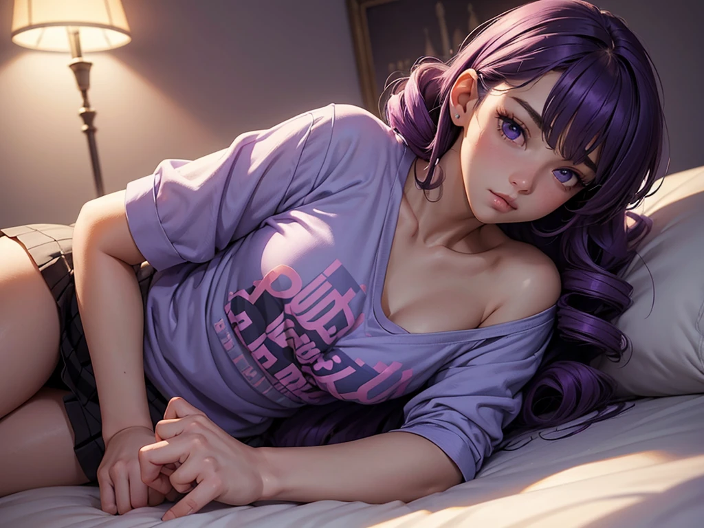 (masterpiece), (best quality), (detailed), light layer, 1solo girl, young girl, perfect body, purple hair in curls, defined large chest, small waist,defined collarbone, ultra realistic, photorealistic, detailed, ,Enhance, wearing a anime shirt and mini skirt, bedroom background, lying on her back on he bed, side view