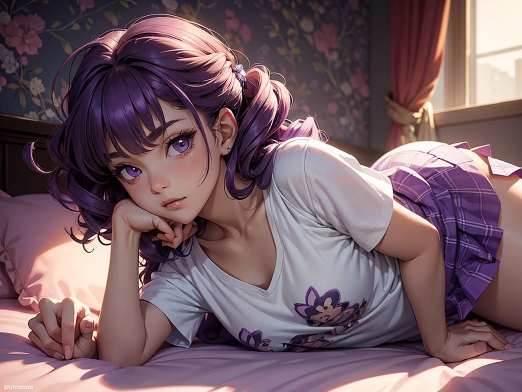 (masterpiece), (best quality), (detailed), light layer, 1solo girl, young girl, perfect body, purple hair in curls, defined large chest, small waist,defined collarbone, ultra realistic, photorealistic, detailed, ,Enhance, wearing a anime shirt and mini skirt, bedroom background, lying on her back on he bed, side view
