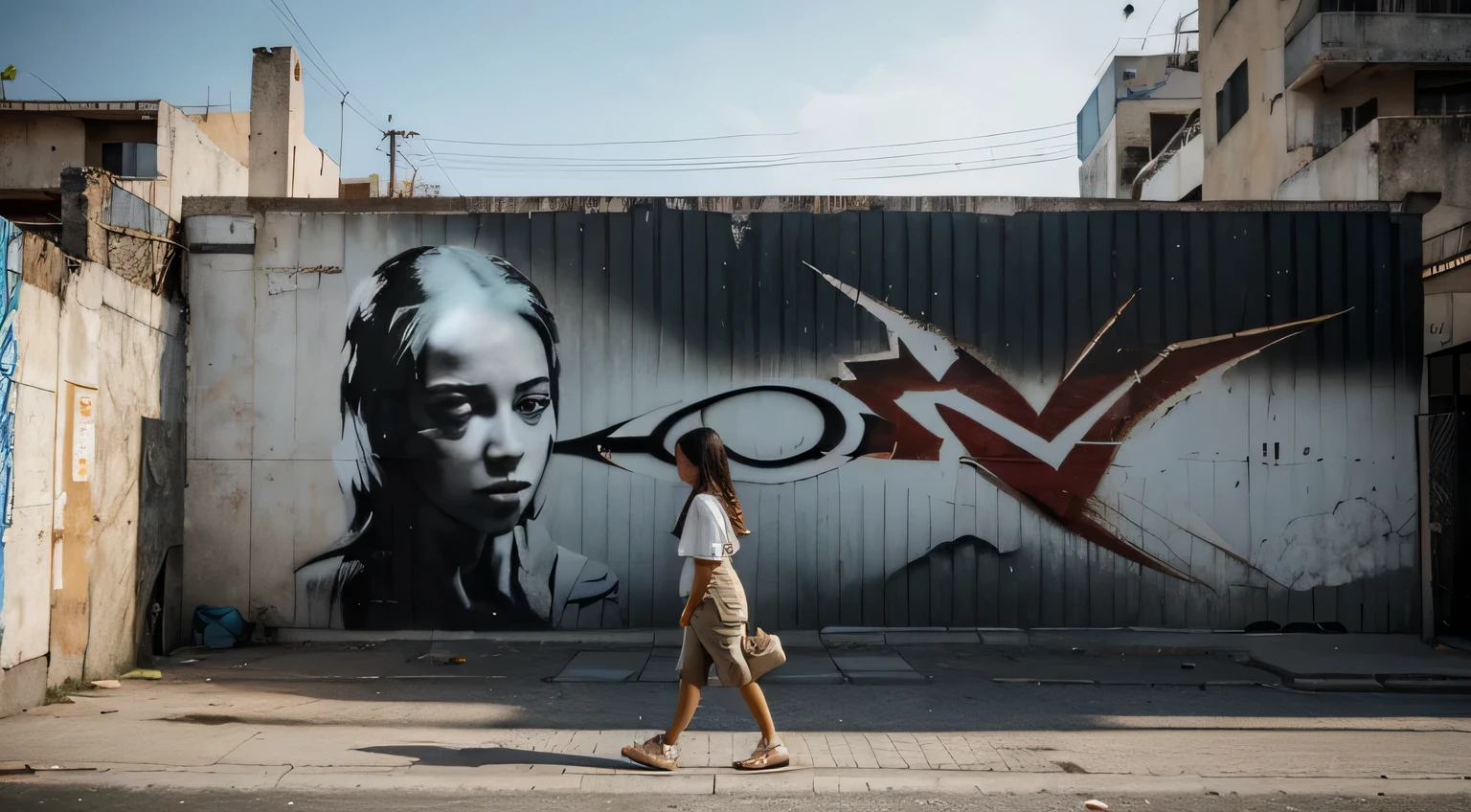 "A girl passing by a deserted street in Cidade Nova, Rio de Janeiro, with a mural (old wall) depicting torn hearts on an outdoor billboard. (best quality, highres), with ultra-detailed and realistic portrayal, showcasing the vibrant colors and bokeh effect. The mural is created with a mix of painting and illustration techniques, giving it an artistic touch. The street is empty, emphasizing the desolation and loneliness. The old wall showcases a weathered texture, adding character to the scene. The lighting is dramatic, casting long shadows on the wall and creating a sense of mystery. The overall color tone is somber, with a hint of melancholy. The girl walking past the mural is wearing casual attire, conveying a sense of solitude and contemplation. The mural acts as a visual representation of heartbreak and emotional vulnerability, setting a poignant tone for the artwork. The composition of the image is carefully framed to capture the essence of the deserted street and the emotional impact of the mural's imagery.