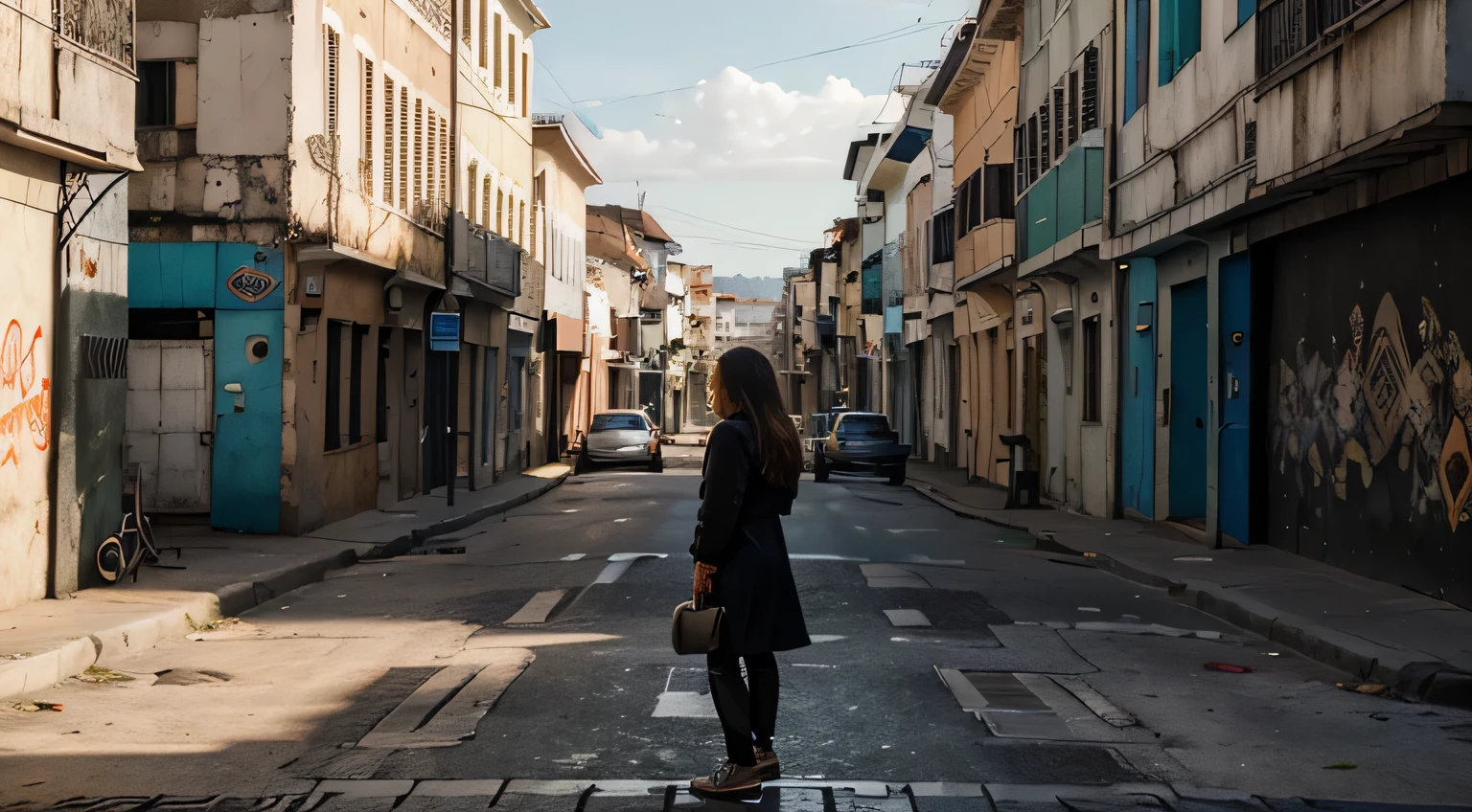 "A girl passing by a deserted street in Cidade Nova, Rio de Janeiro, with a mural (old wall) depicting torn hearts on an outdoor billboard. (best quality, highres), with ultra-detailed and realistic portrayal, showcasing the vibrant colors and bokeh effect. The mural is created with a mix of painting and illustration techniques, giving it an artistic touch. The street is empty, emphasizing the desolation and loneliness. The old wall showcases a weathered texture, adding character to the scene. The lighting is dramatic, casting long shadows on the wall and creating a sense of mystery. The overall color tone is somber, with a hint of melancholy. The girl walking past the mural is wearing casual attire, conveying a sense of solitude and contemplation. The mural acts as a visual representation of heartbreak and emotional vulnerability, setting a poignant tone for the artwork. The composition of the image is carefully framed to capture the essence of the deserted street and the emotional impact of the mural's imagery.