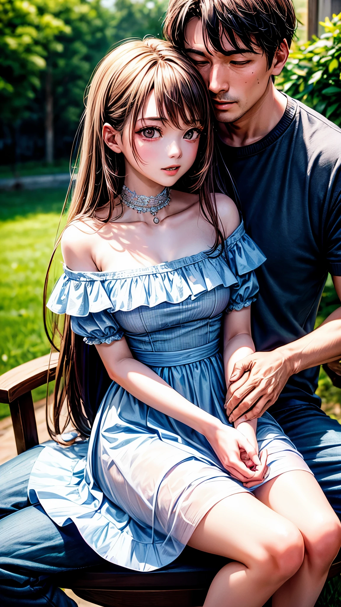highest quality、4K quality、Man Sitting On A Chair、Woman in off-the-shoulder summer dress riding on man、a man puts his hand inside a woman's clothes、Woman hugs man、The woman is slender、Women don't like
