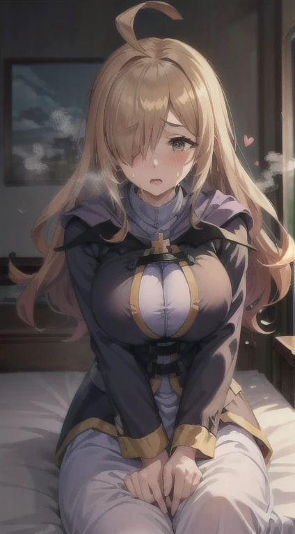 masterpiece, highest quality,break, Long Hair, Ahoge, Hair on one eye, big breasts,
Robe, Long sleeve, 
One girl, Breasts pressed together,v Arms
, 
(Voice of the Heart:1.2),(Sweat:1.2),(Take a deep breath:1.2),(On the bed:1),(vapor:1.2) ,(present:1.5), View your viewers
(moonlit room:1.1),(soft bed linen:1.1)